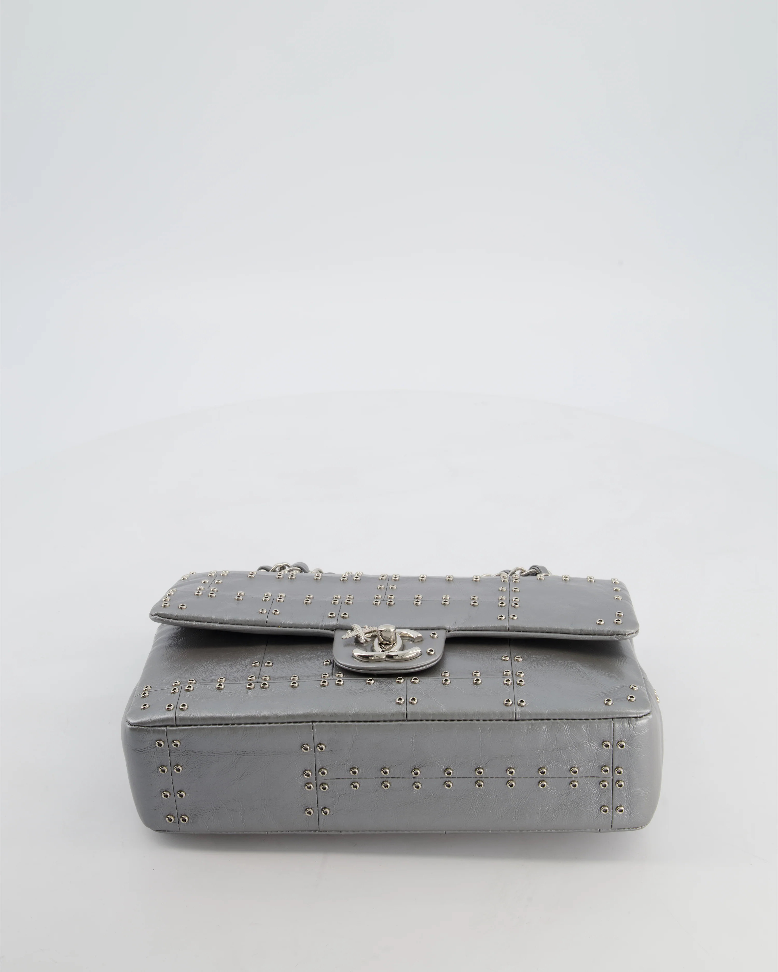 Chanel Silver Medium Airline Double Flap Bag in Glazed Calfskin with Grommet Embellishment Detail and Silver Hardware - Image 20