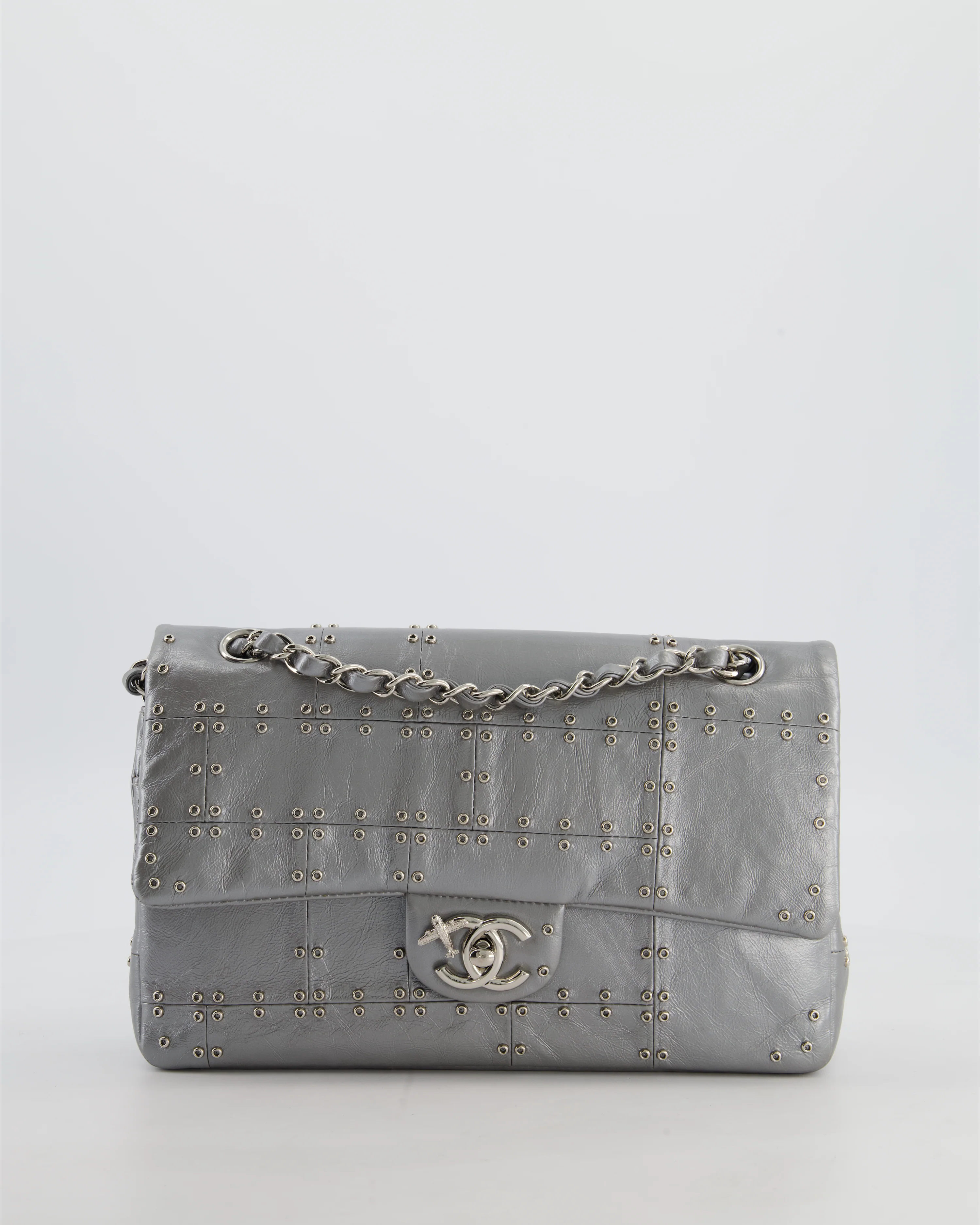 Chanel Silver Medium Airline Double Flap Bag in Glazed Calfskin with Grommet Embellishment Detail and Silver Hardware - Image 3
