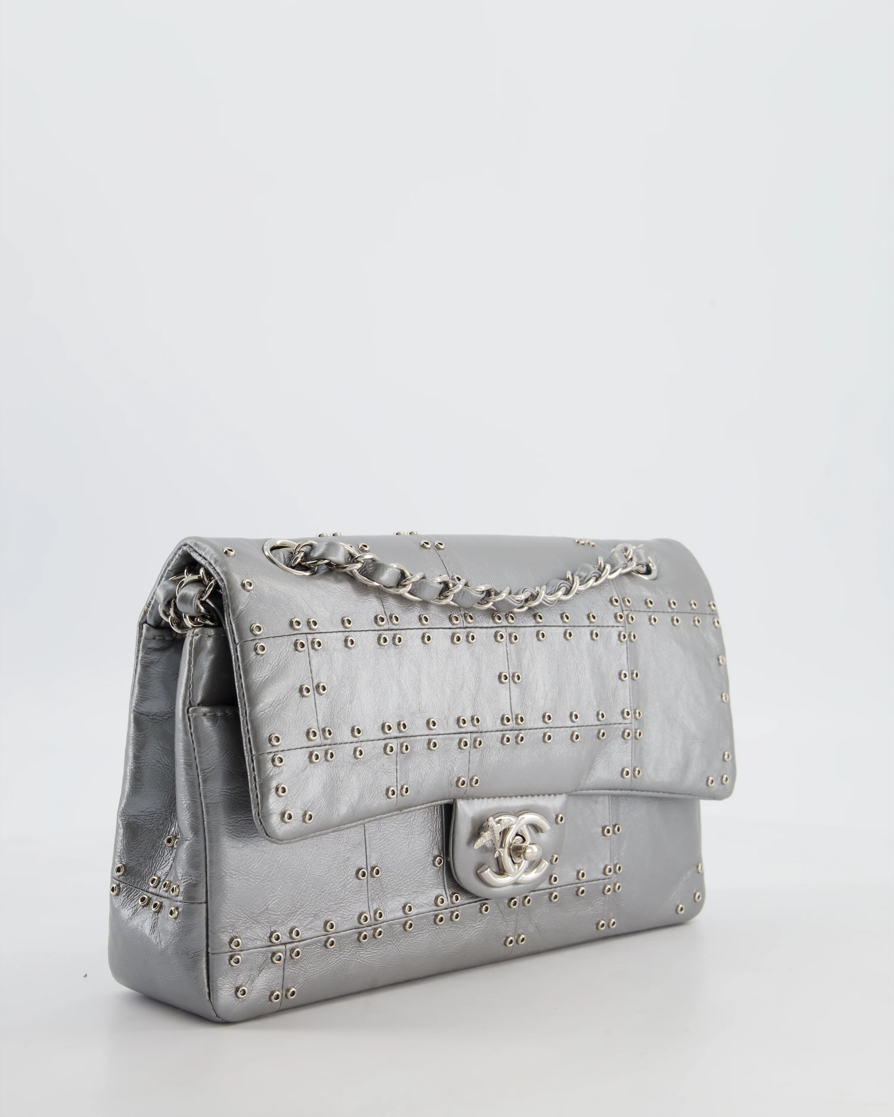 Chanel Silver Medium Airline Double Flap Bag in Glazed Calfskin with Grommet Embellishment Detail and Silver Hardware - Image 4