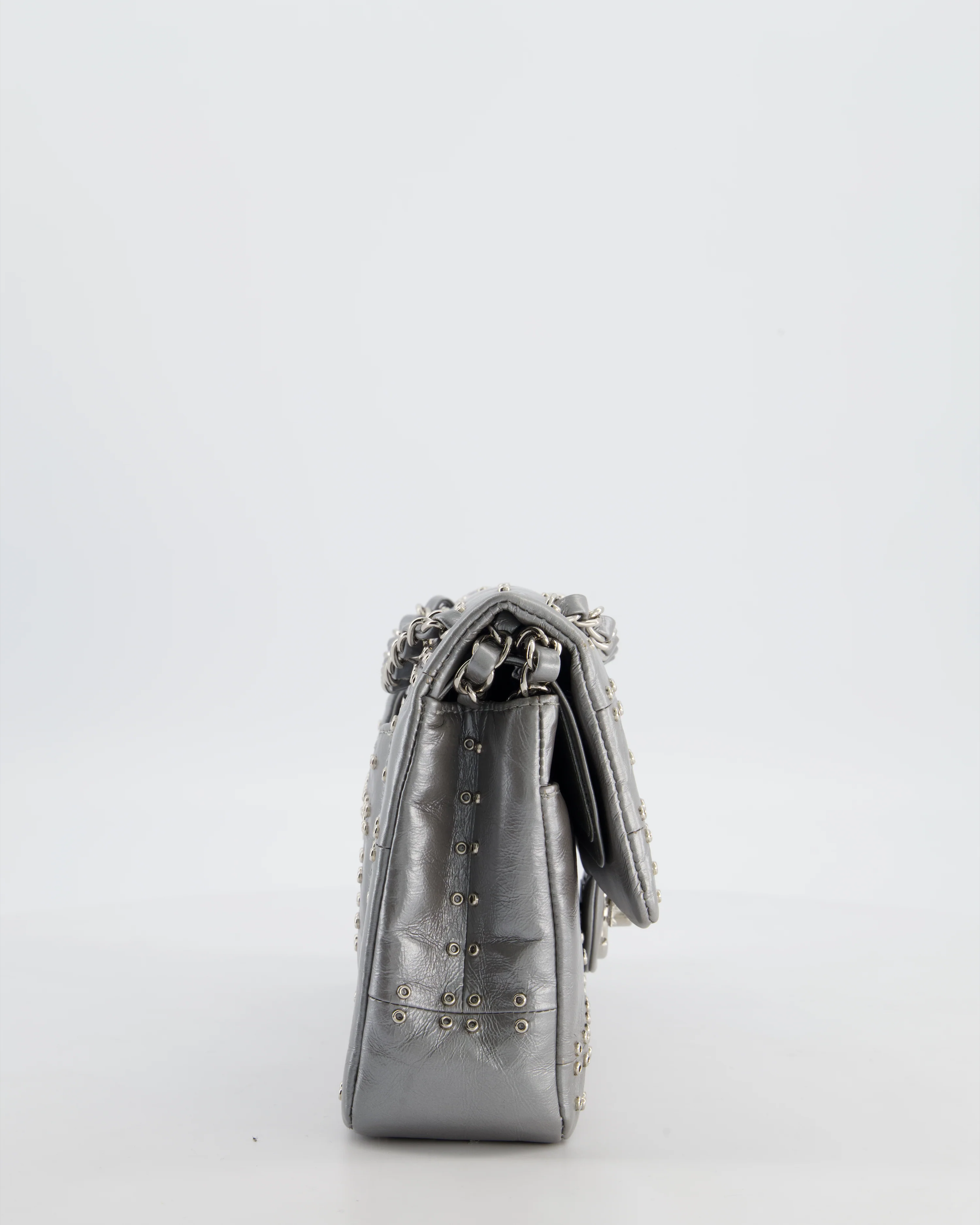 Chanel Silver Medium Airline Double Flap Bag in Glazed Calfskin with Grommet Embellishment Detail and Silver Hardware - Image 5