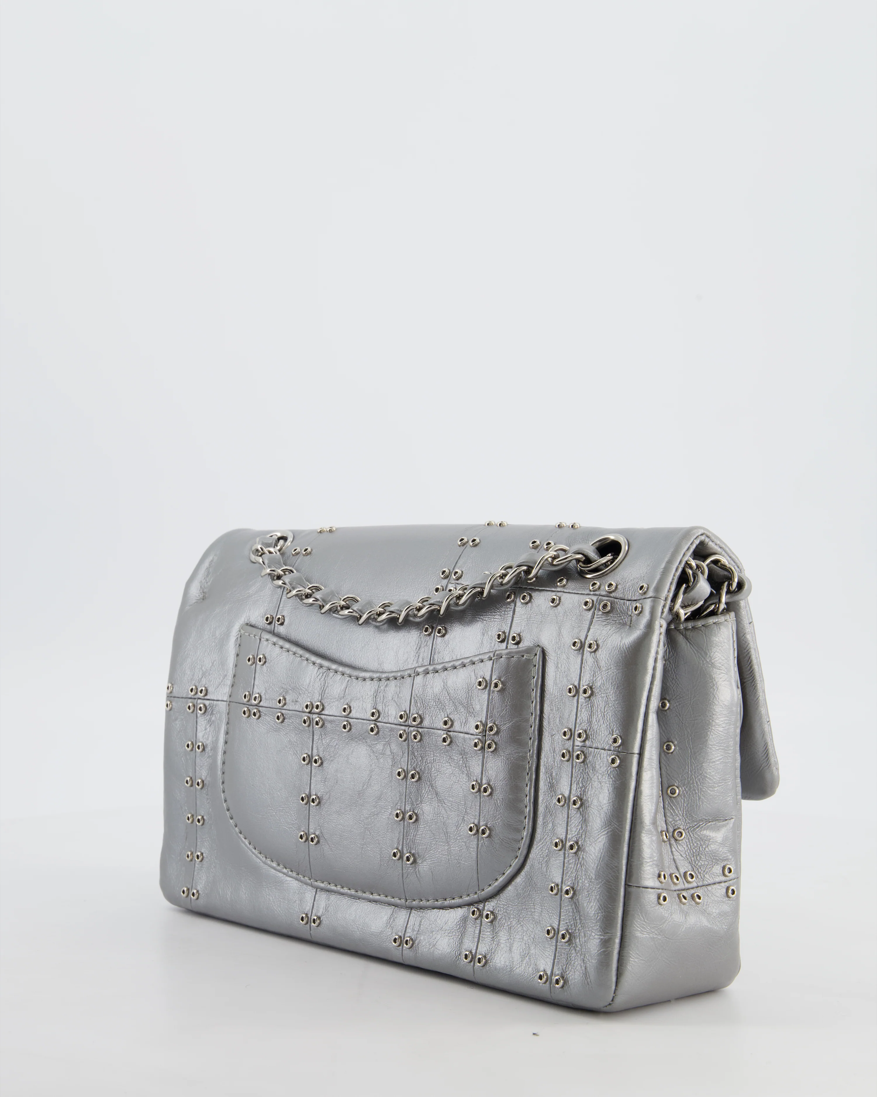 Chanel Silver Medium Airline Double Flap Bag in Glazed Calfskin with Grommet Embellishment Detail and Silver Hardware - Image 6