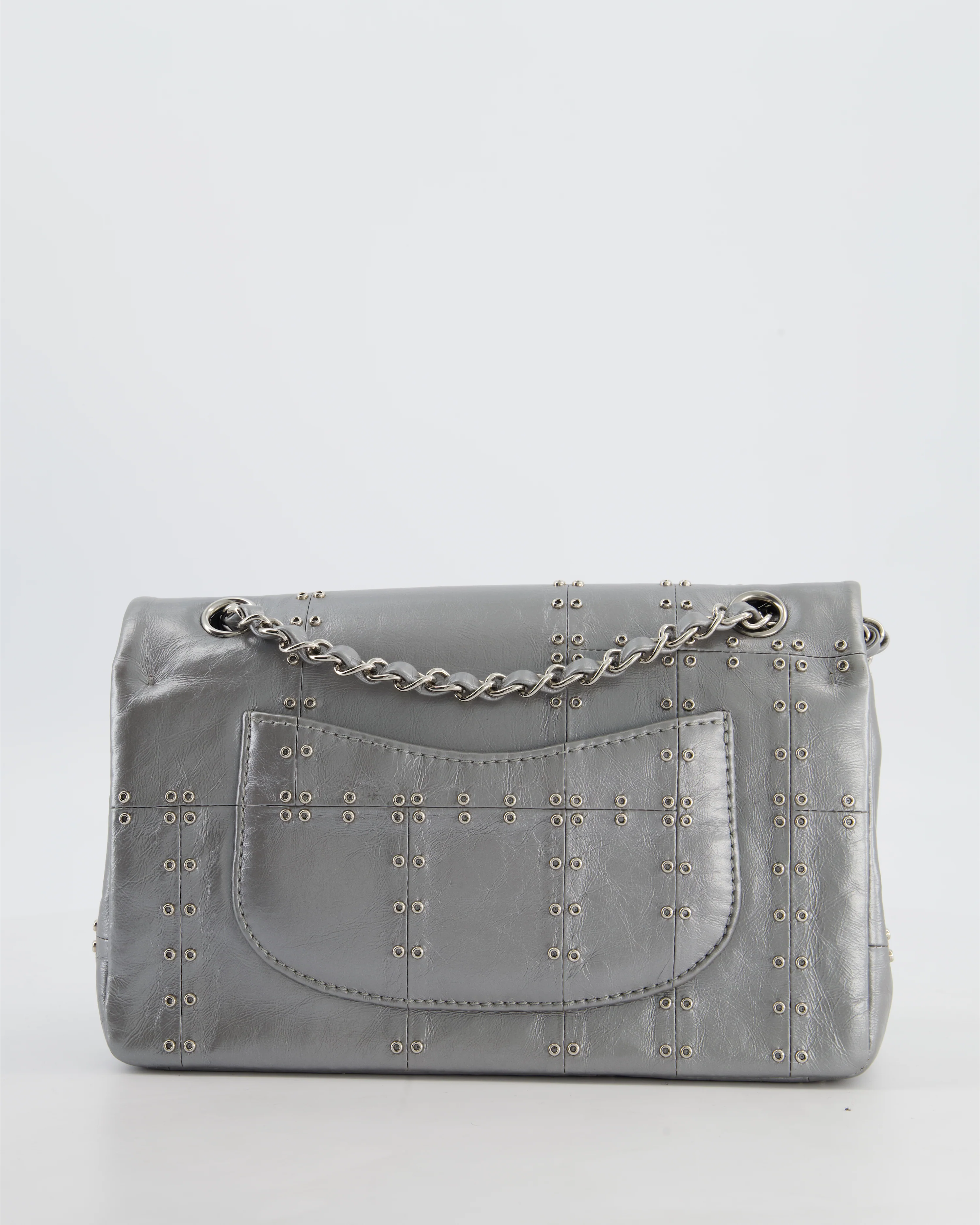Chanel Silver Medium Airline Double Flap Bag in Glazed Calfskin with Grommet Embellishment Detail and Silver Hardware - Image 7