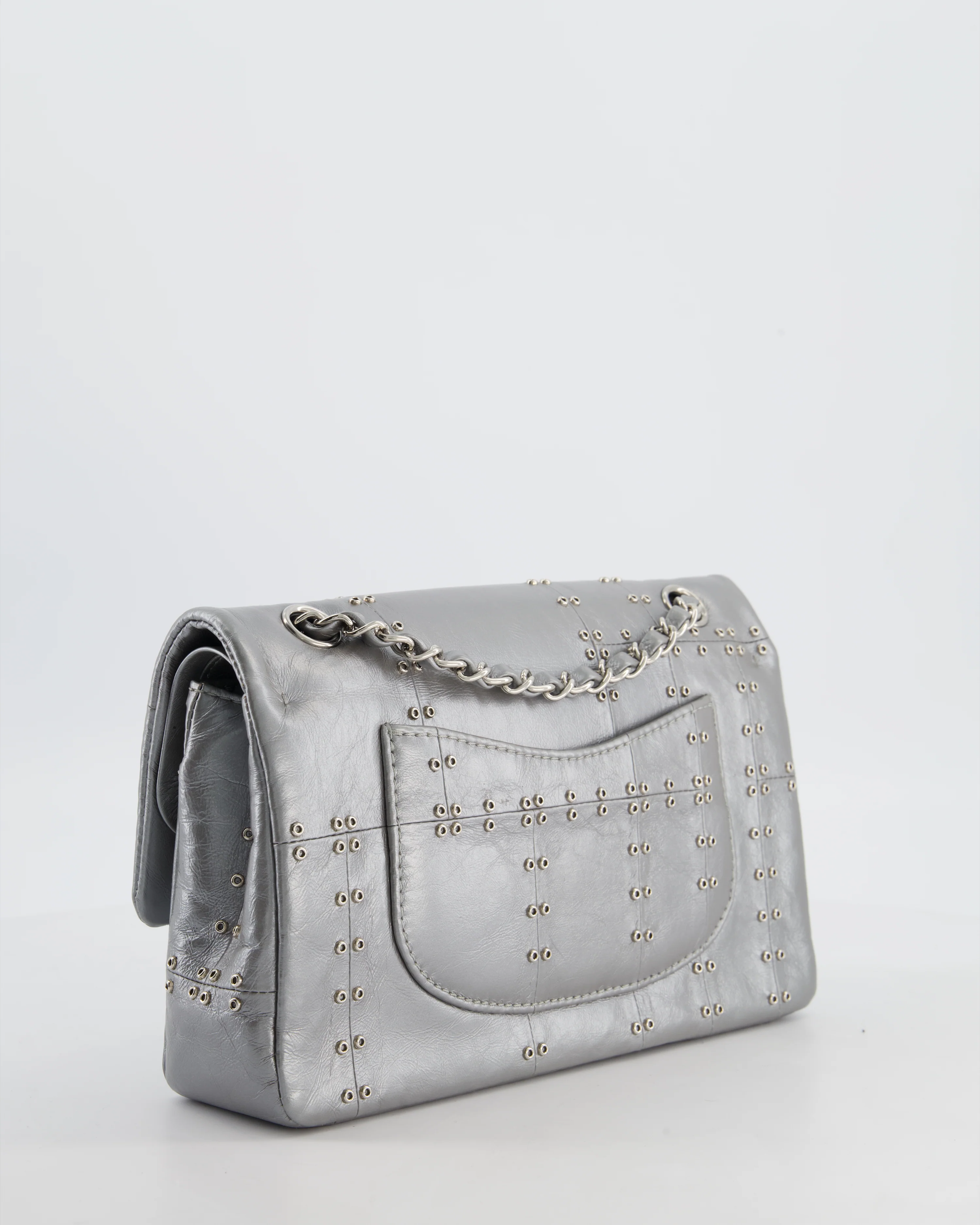 Chanel Silver Medium Airline Double Flap Bag in Glazed Calfskin with Grommet Embellishment Detail and Silver Hardware - Image 8