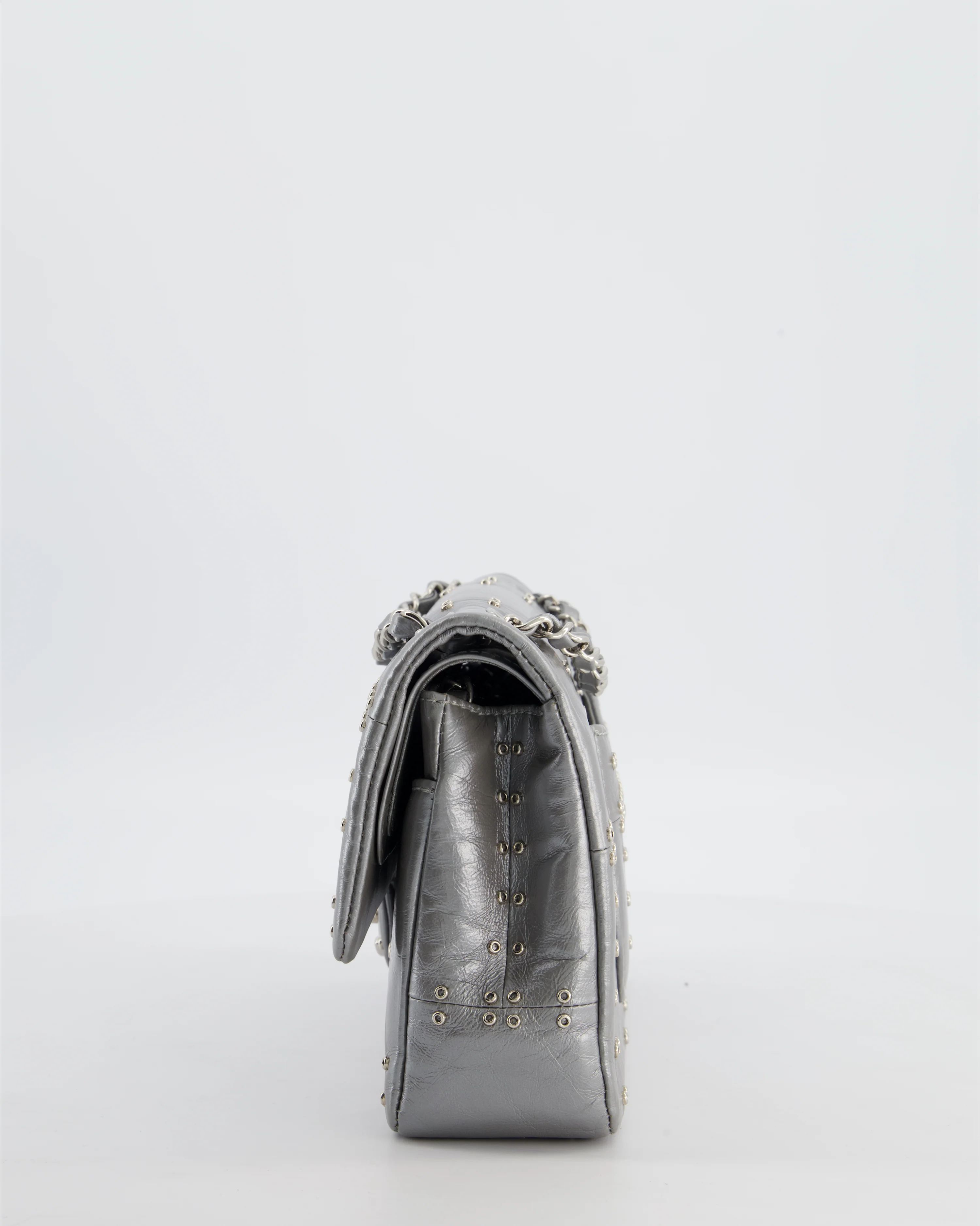 Chanel Silver Medium Airline Double Flap Bag in Glazed Calfskin with Grommet Embellishment Detail and Silver Hardware - Image 9