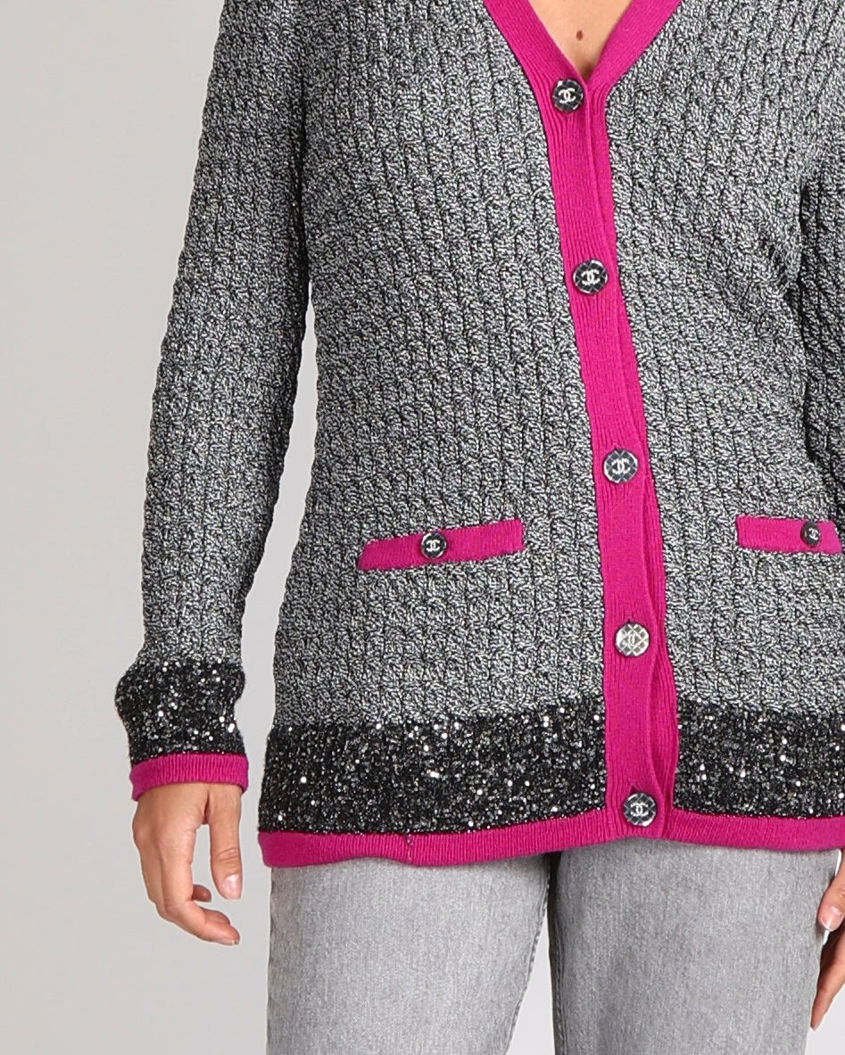 Chanel Fall 2021 Silver Metallic Knit Cardigan with Pink Trim and CC Crystal Buttons Size FR 34 (UK 6) - Image 5