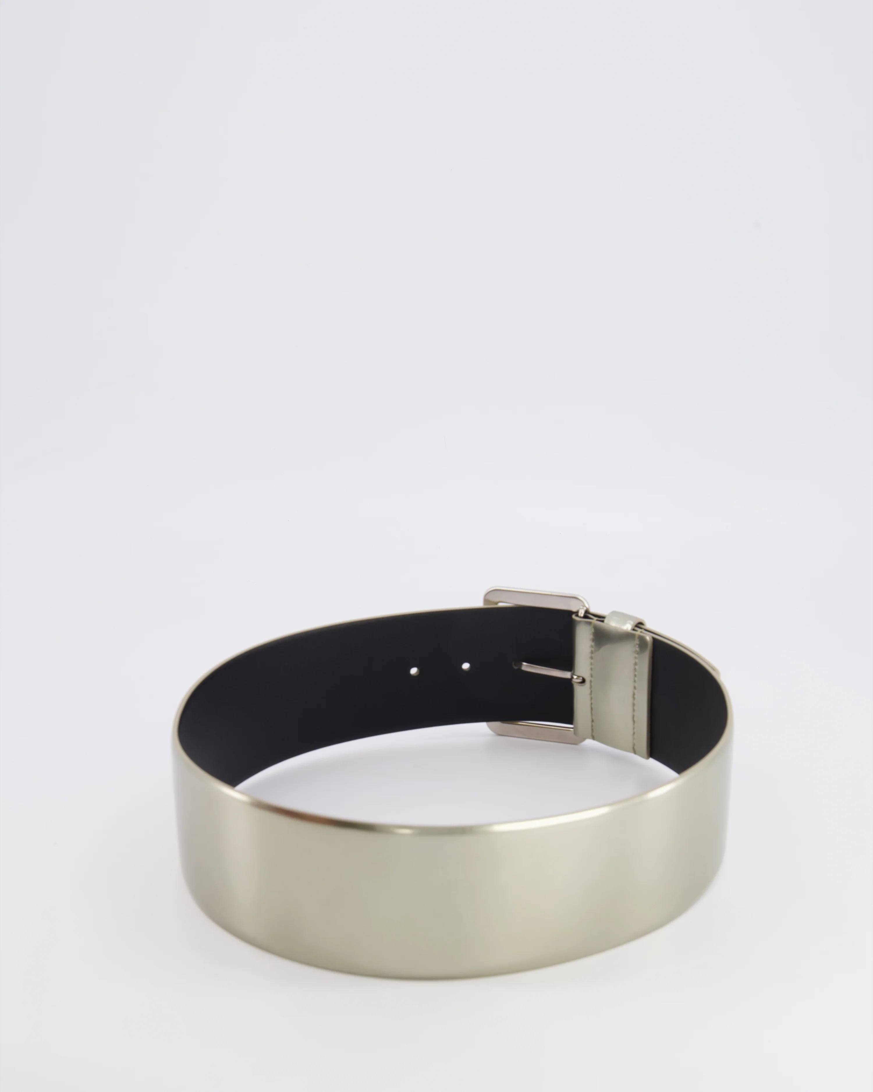 Chanel Silver Metallic Leather Large Belt with Silver Buckle and Engraved Logo Plate Detail 70cm - Image 3
