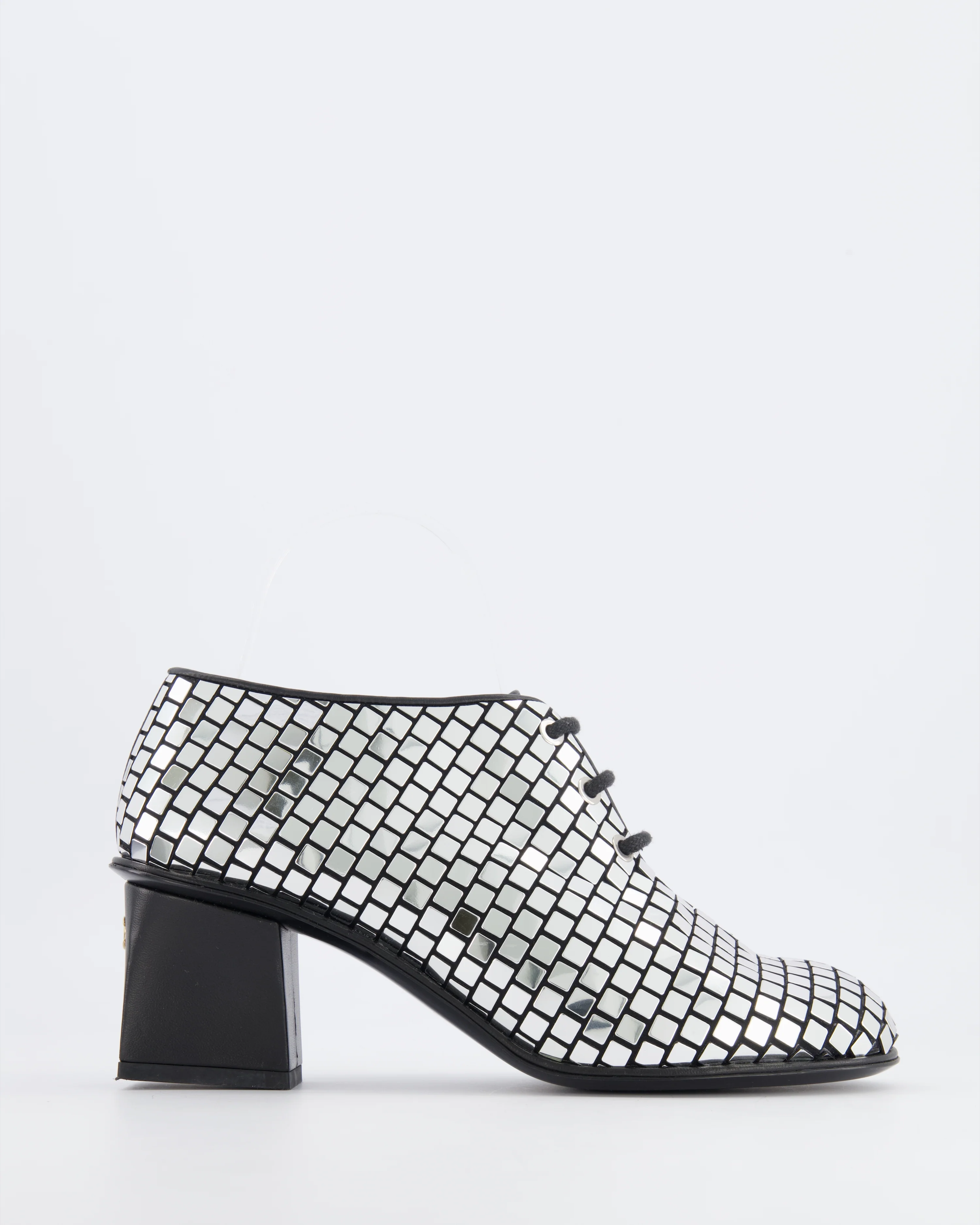 Chanel Resort 2024 Runway Silver Mirror Facets Lace-Up Heeled Boots with Gold CC Logo Detail Size EU 38C RRP £1,900