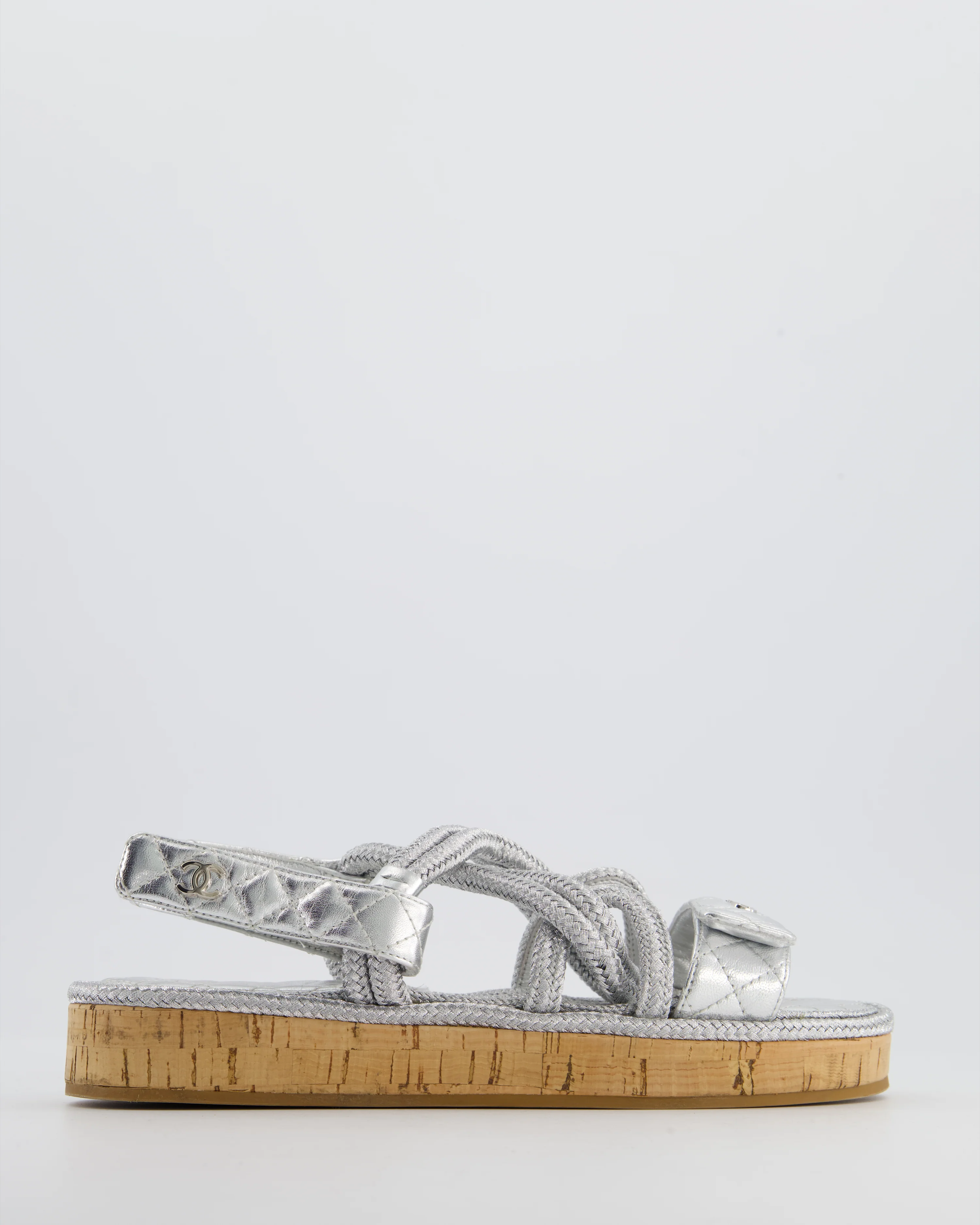 Chanel Metallic Silver Rope & Lambskin Dad Sandals with Silver CC Logo Details Size 39