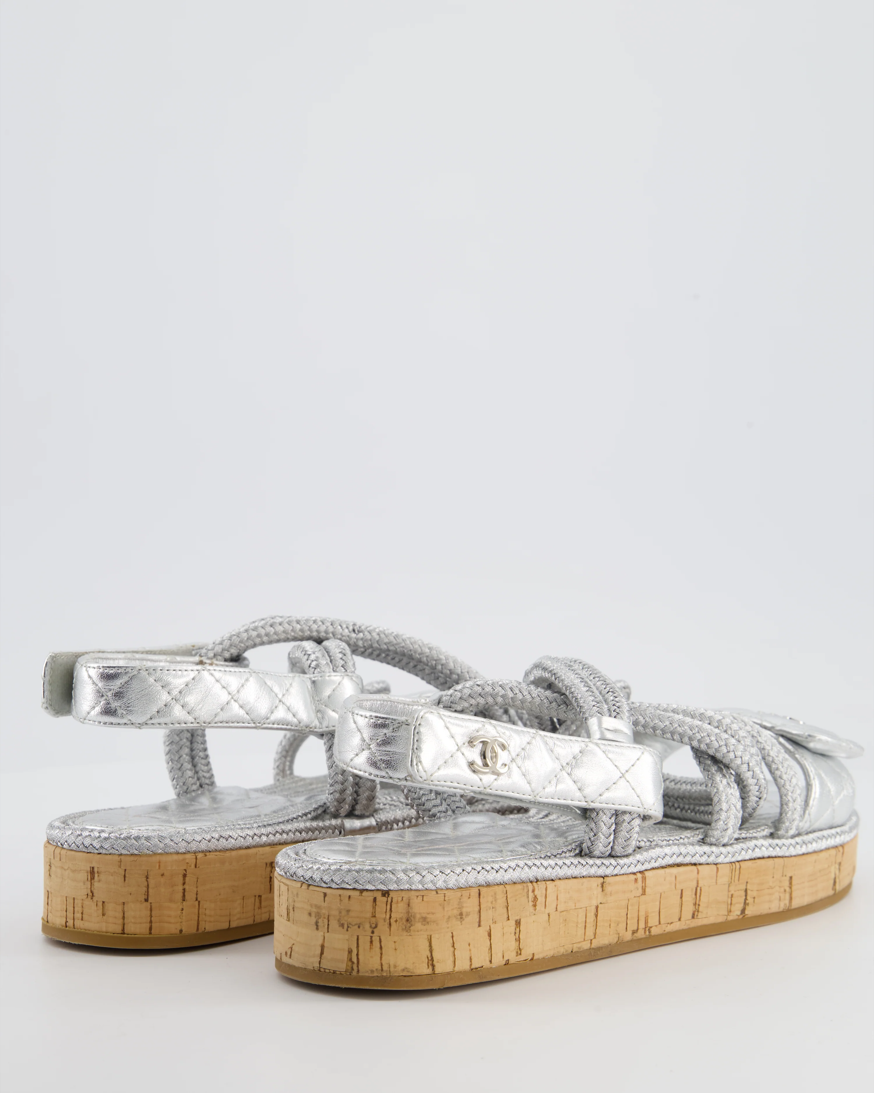 Chanel Metallic Silver Rope & Lambskin Dad Sandals with Silver CC Logo Details Size 39 - Image 3