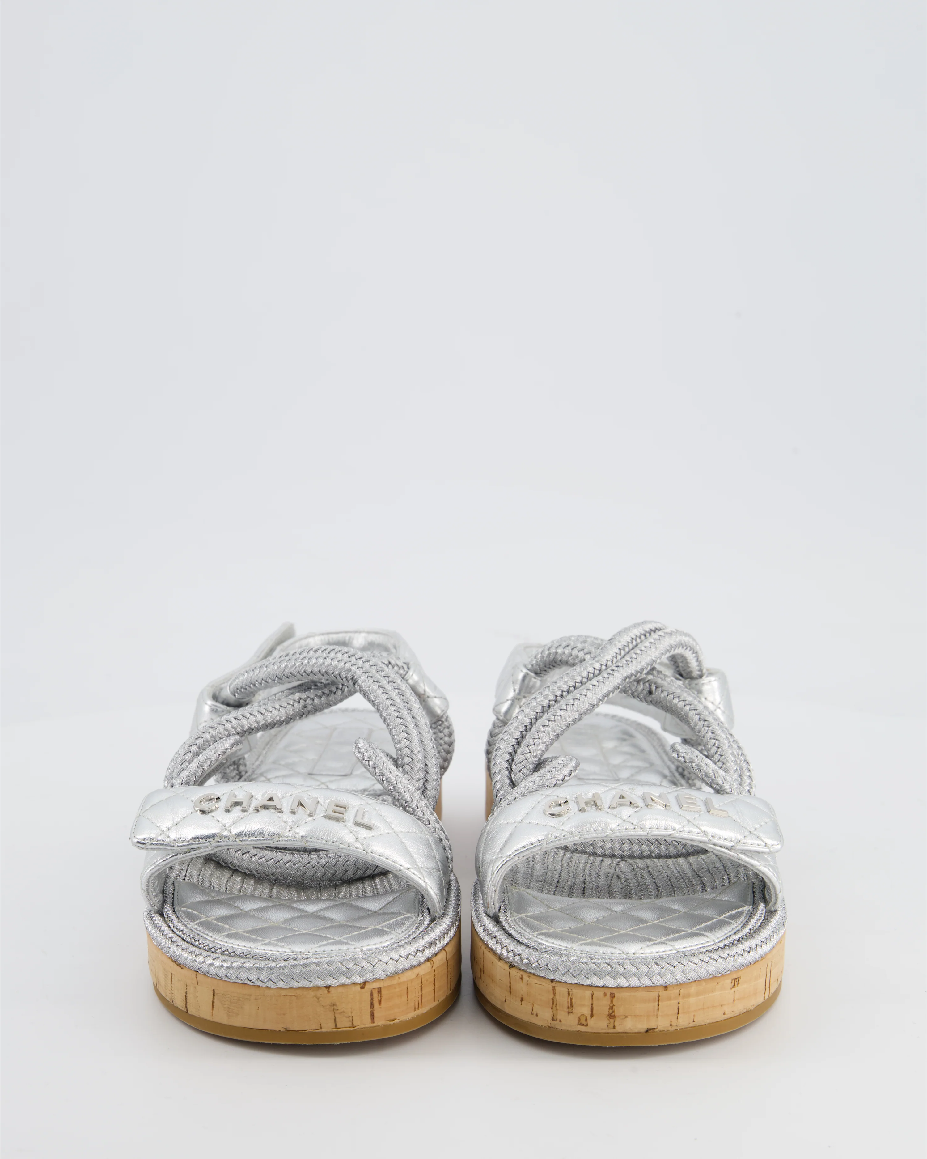 Chanel Metallic Silver Rope & Lambskin Dad Sandals with Silver CC Logo Details Size 39 - Image 4