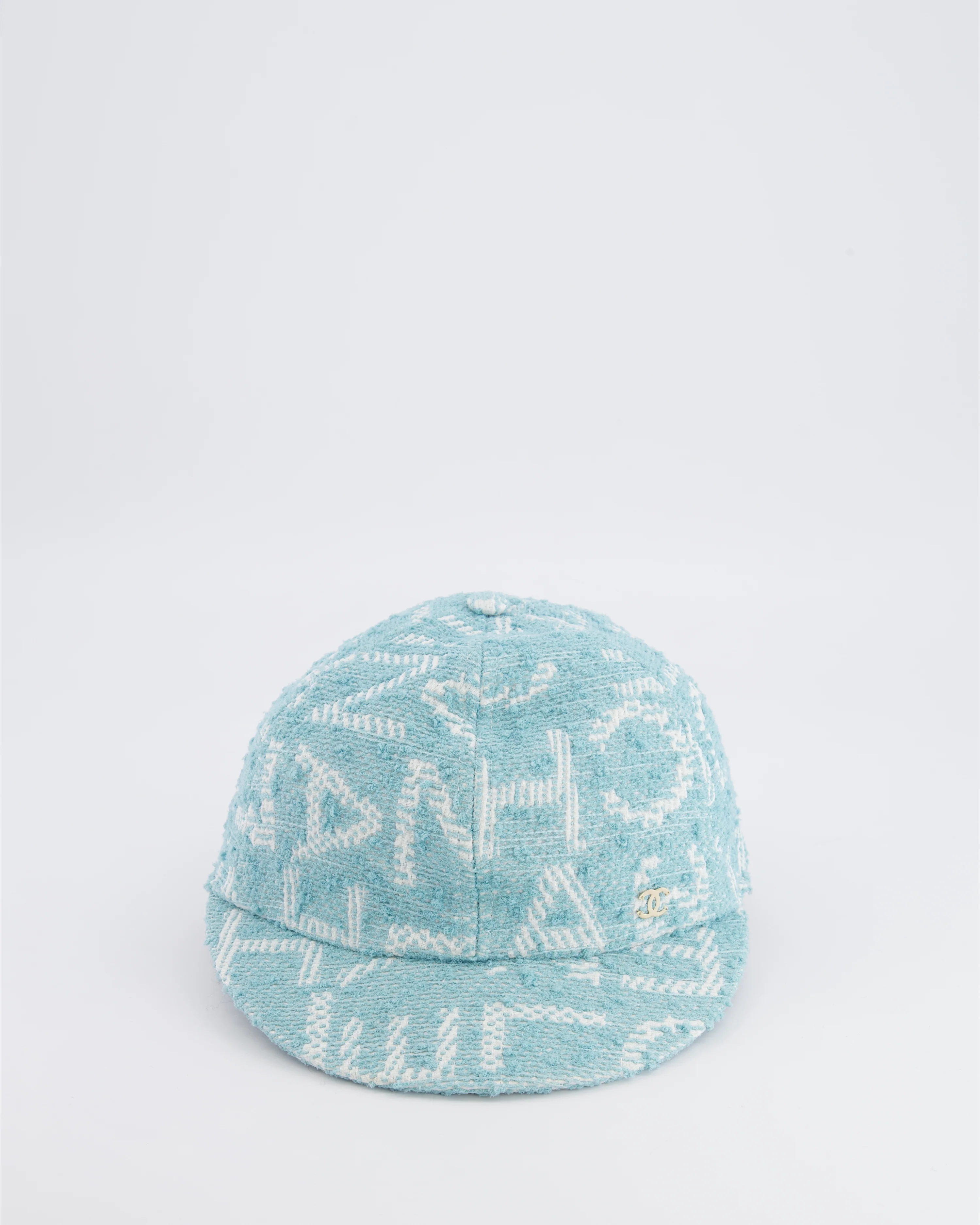 Chanel Baby Blue and White Tweed Logo Pattern Baseball Hat with Champagne Gold CC Logo Detail One Size - Image 4