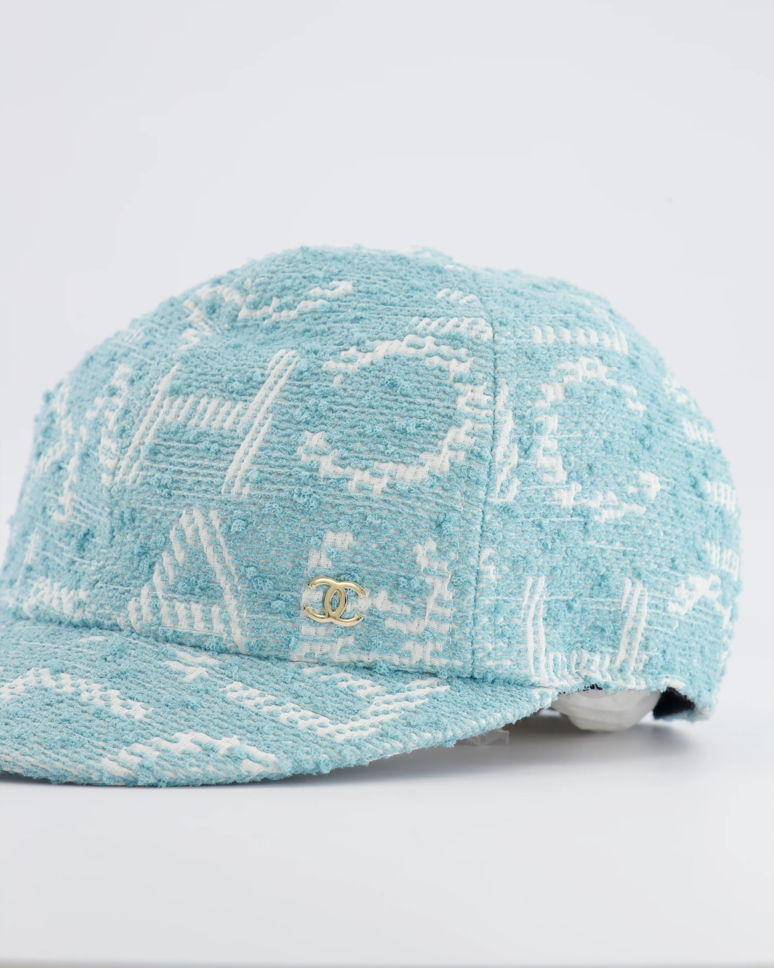 Chanel Baby Blue and White Tweed Logo Pattern Baseball Hat with Champagne Gold CC Logo Detail One Size - Image 5
