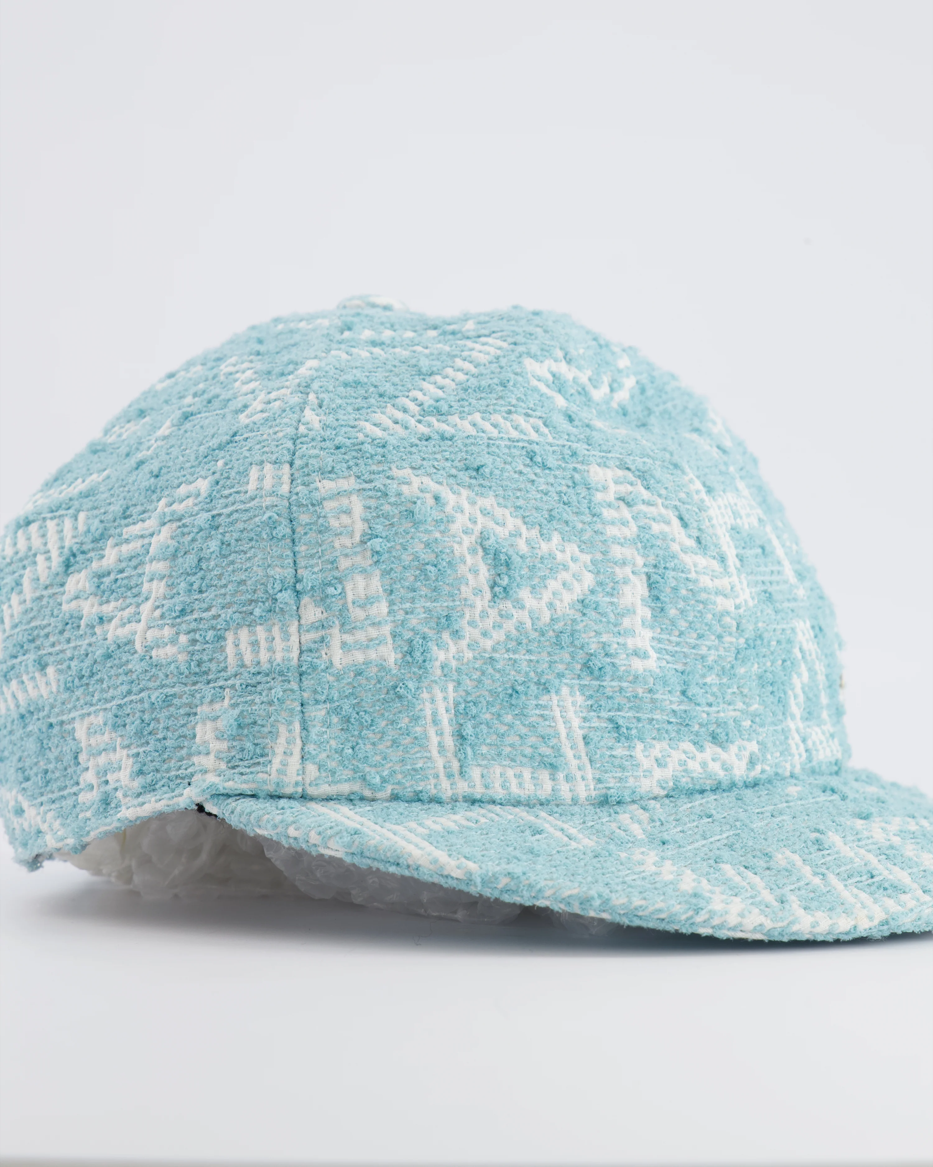 Chanel Baby Blue and White Tweed Logo Pattern Baseball Hat with Champagne Gold CC Logo Detail One Size - Image 6