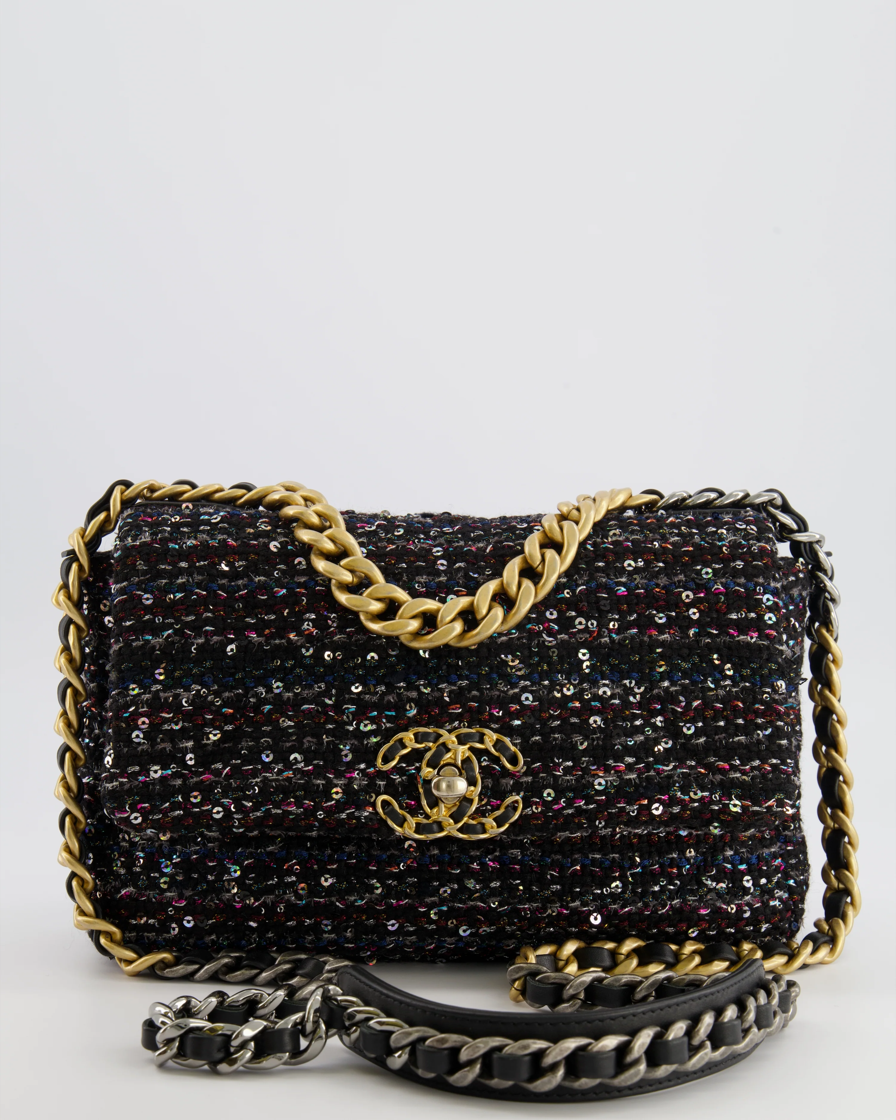 Chanel Small 19 Flap Bag in Black Tweed and Multicolour Sequins with Mixed Hardware
