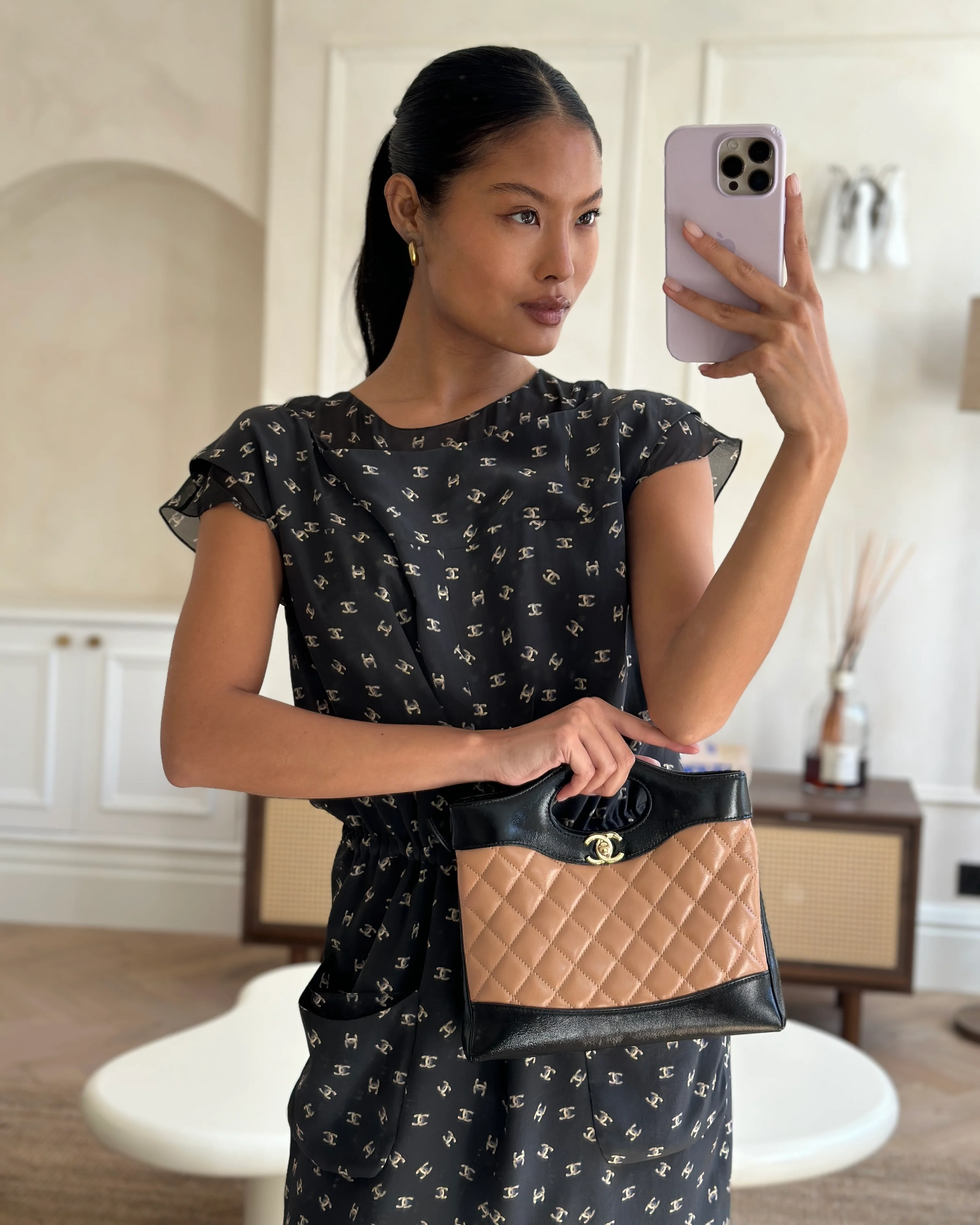 *HOT* Chanel Small 31 Bag with Chain in Black and Light Brown Shiny Calfskin Leather with Champagne Gold Hardware - Image 2