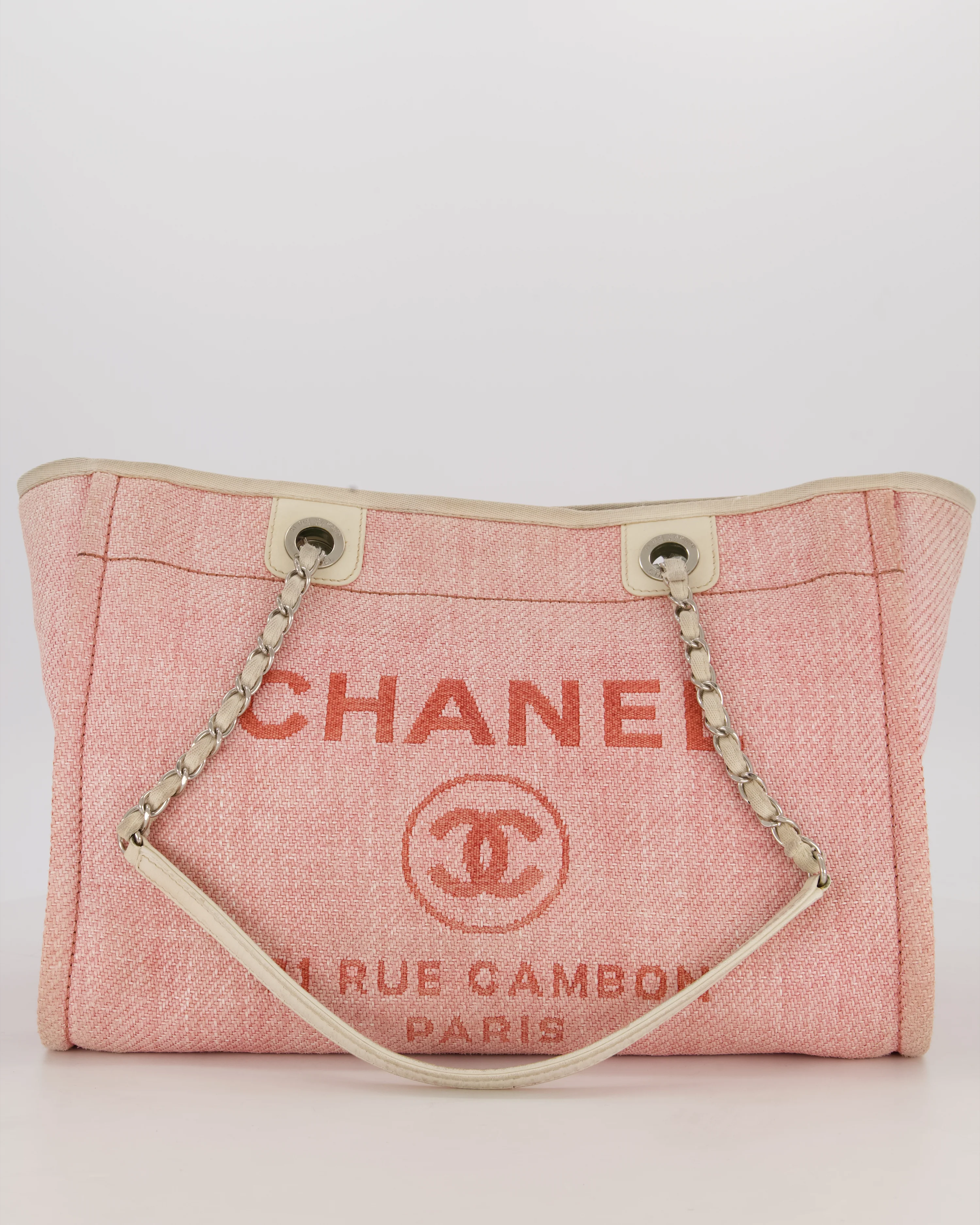 Chanel Small Canvas Deauville Tote Bag In Light Pink and Cream Canvas with Silver Hardware