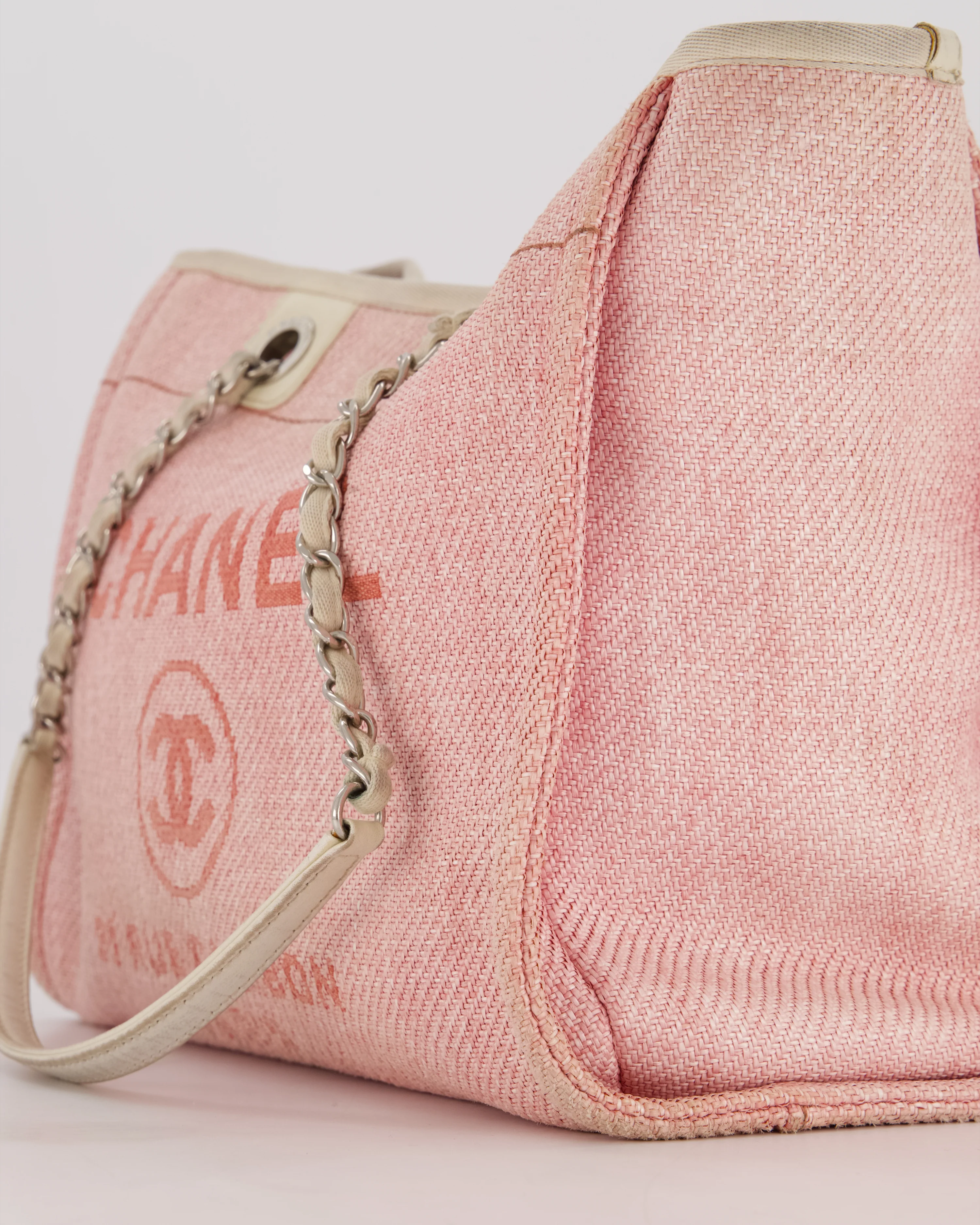 Chanel Small Canvas Deauville Tote Bag In Light Pink and Cream Canvas with Silver Hardware - Image 10