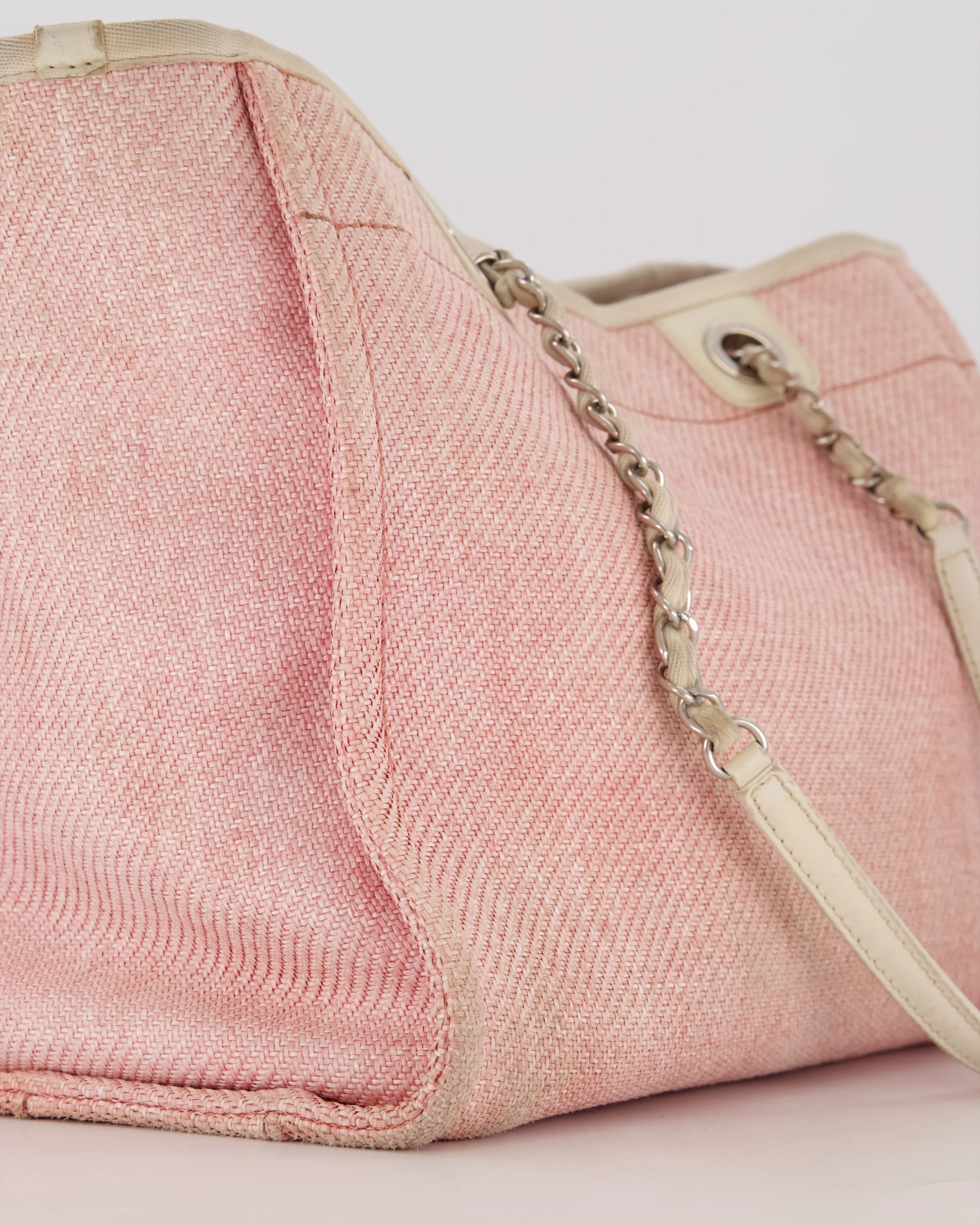 Chanel Small Canvas Deauville Tote Bag In Light Pink and Cream Canvas with Silver Hardware - Image 11