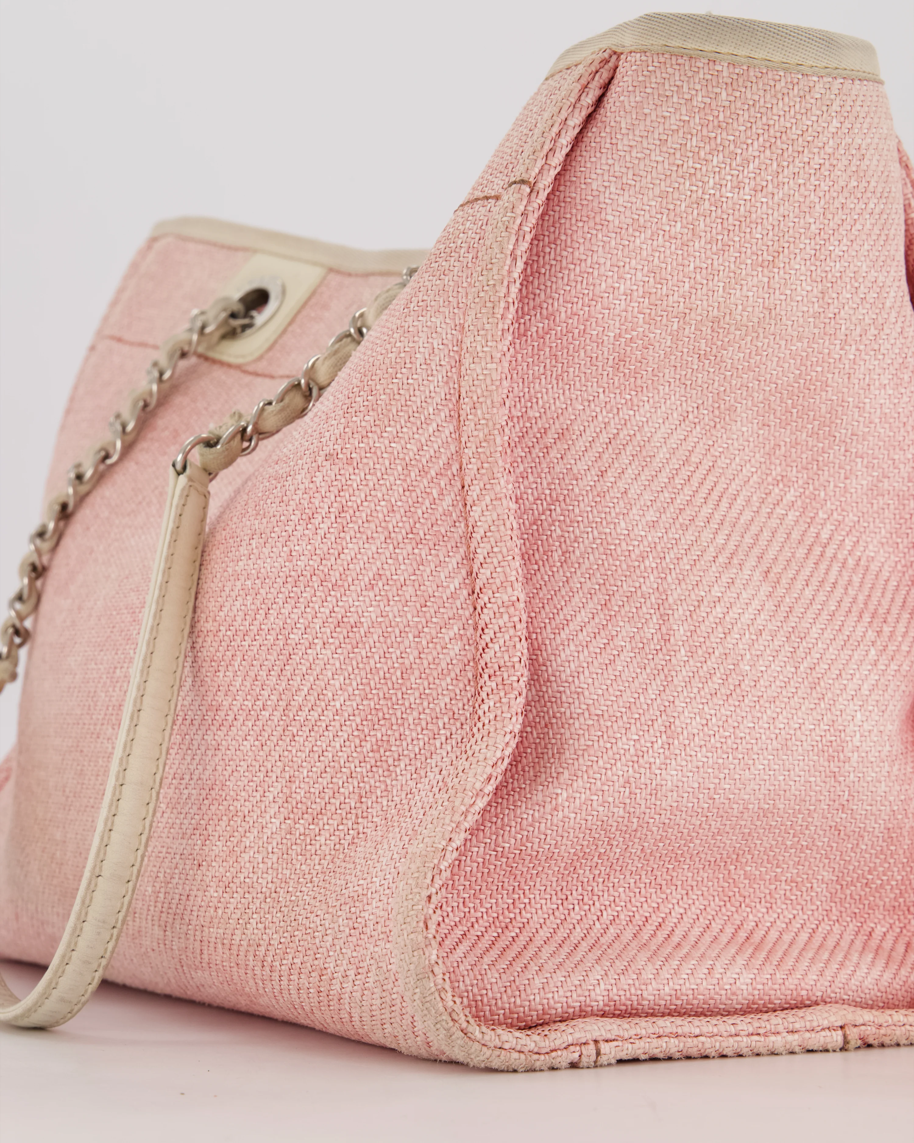 Chanel Small Canvas Deauville Tote Bag In Light Pink and Cream Canvas with Silver Hardware - Image 12