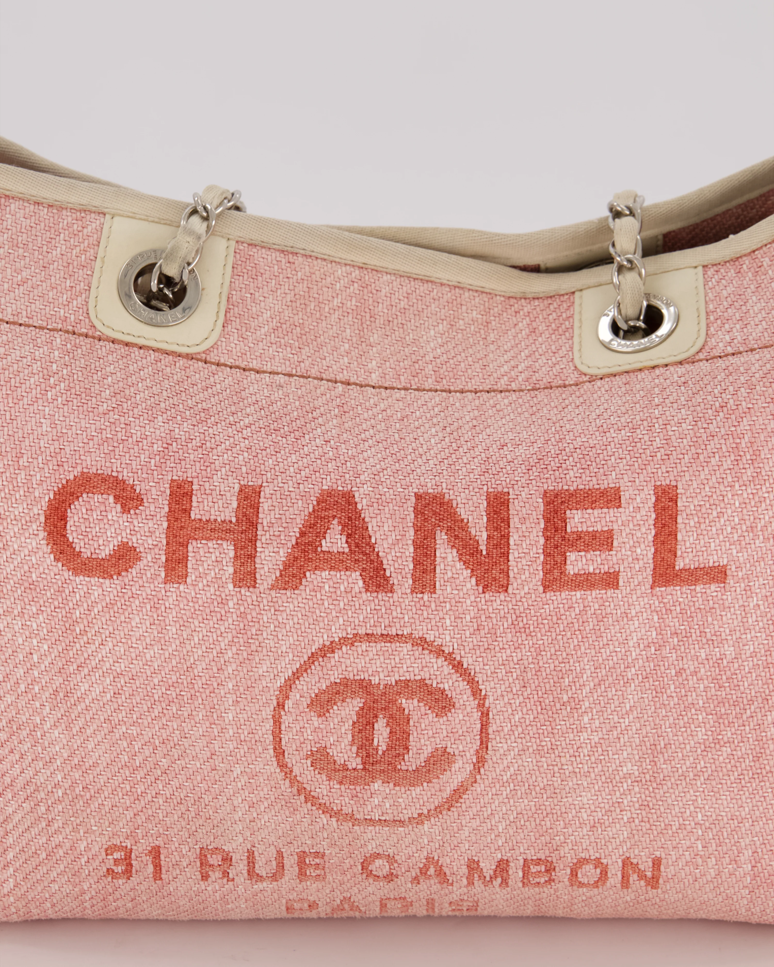 Chanel Small Canvas Deauville Tote Bag In Light Pink and Cream Canvas with Silver Hardware - Image 13