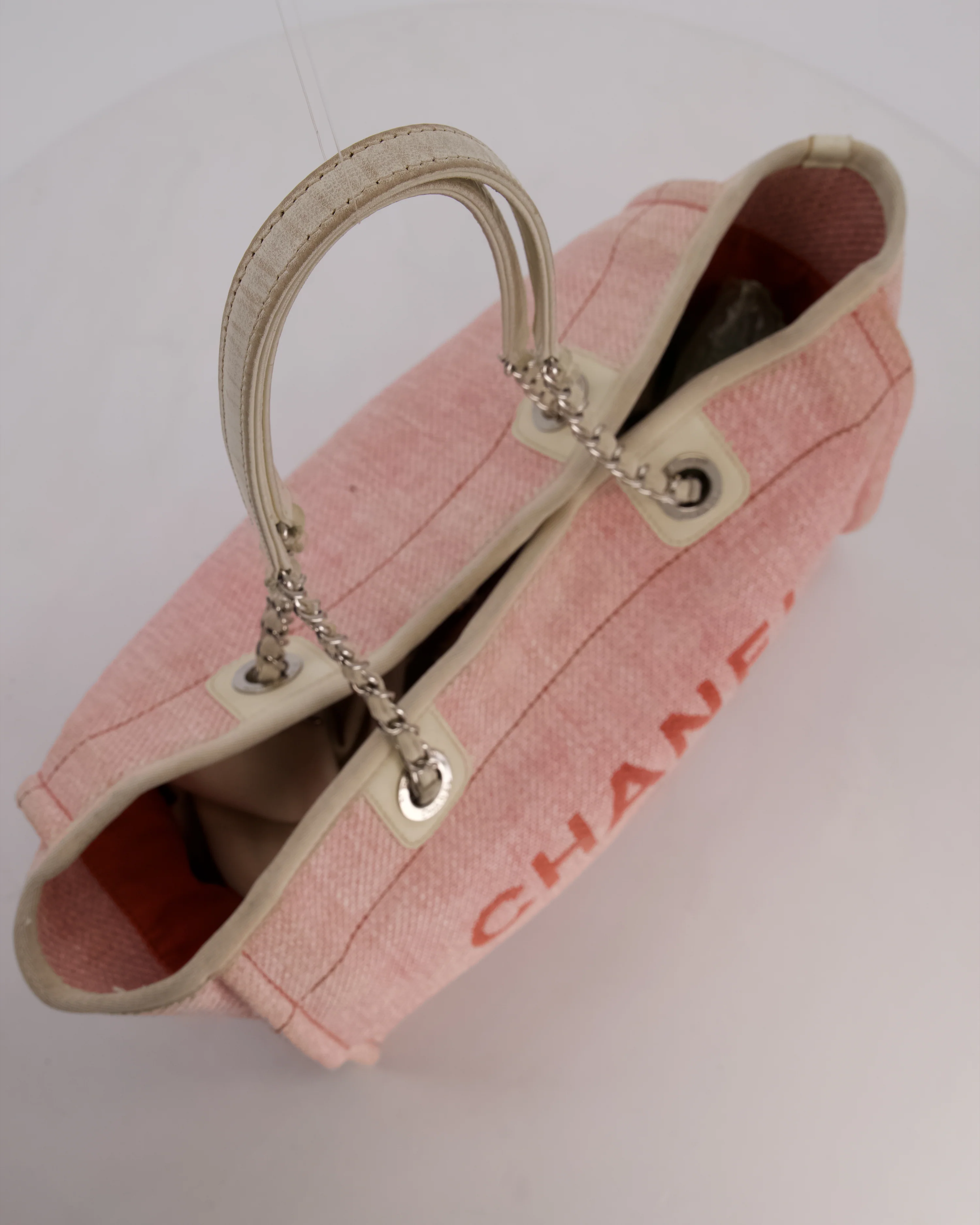 Chanel Small Canvas Deauville Tote Bag In Light Pink and Cream Canvas with Silver Hardware - Image 14