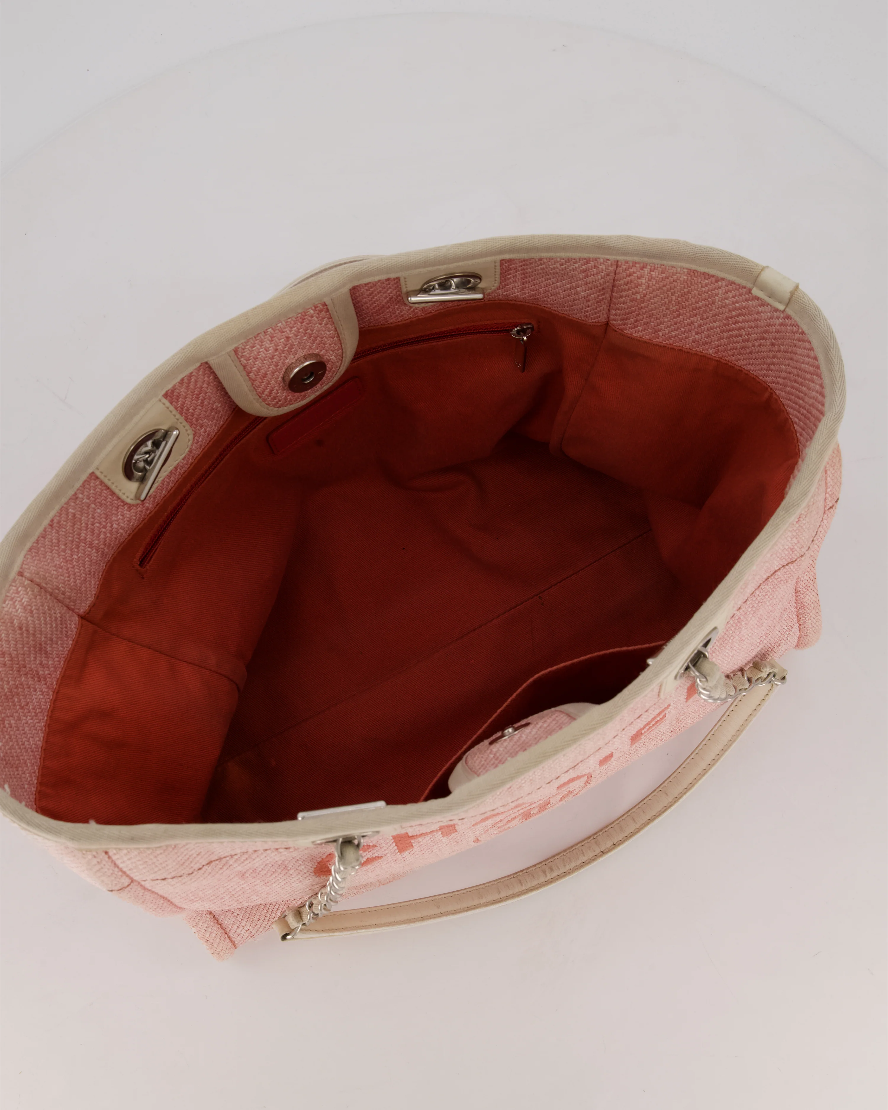 Chanel Small Canvas Deauville Tote Bag In Light Pink and Cream Canvas with Silver Hardware - Image 15