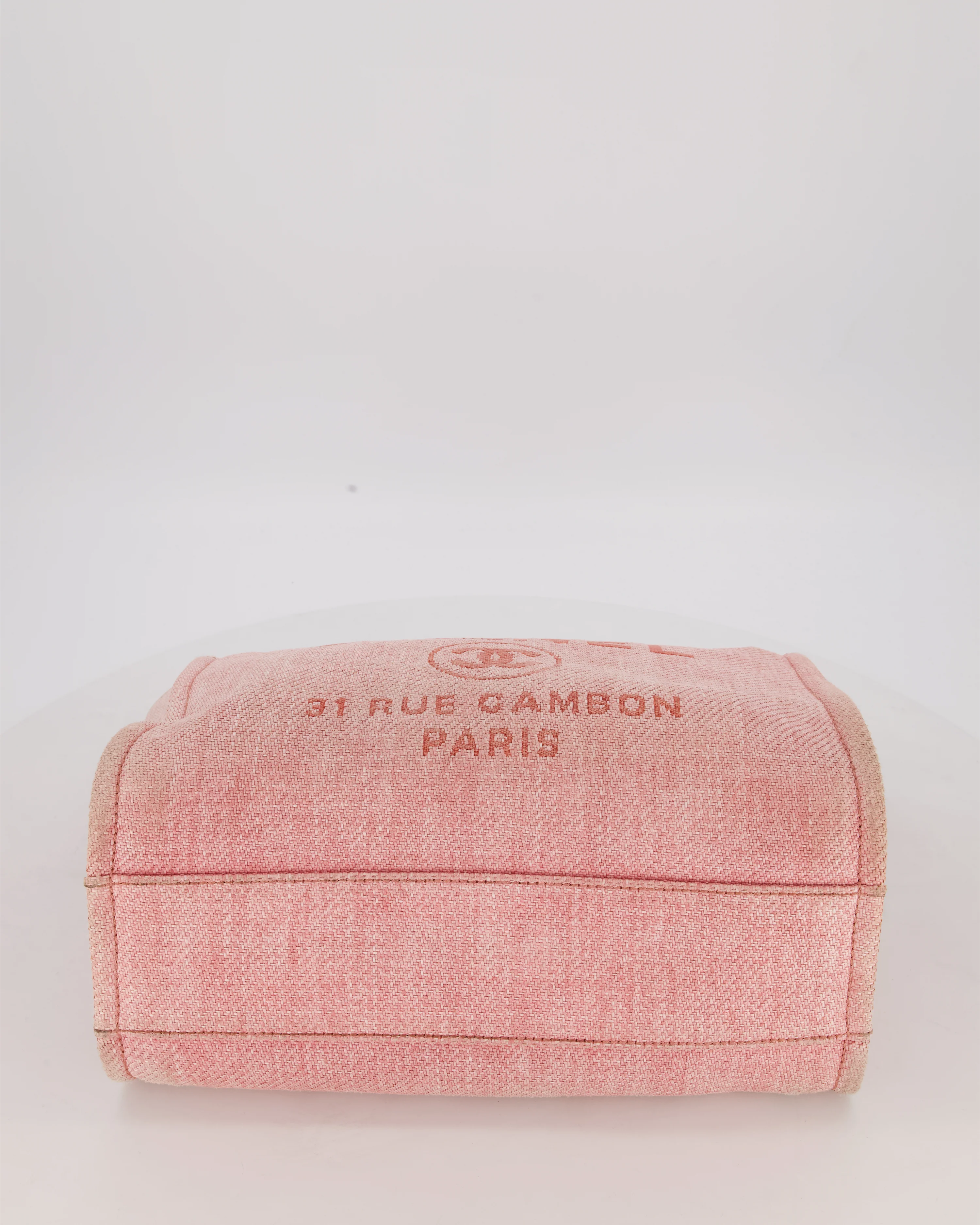 Chanel Small Canvas Deauville Tote Bag In Light Pink and Cream Canvas with Silver Hardware - Image 16
