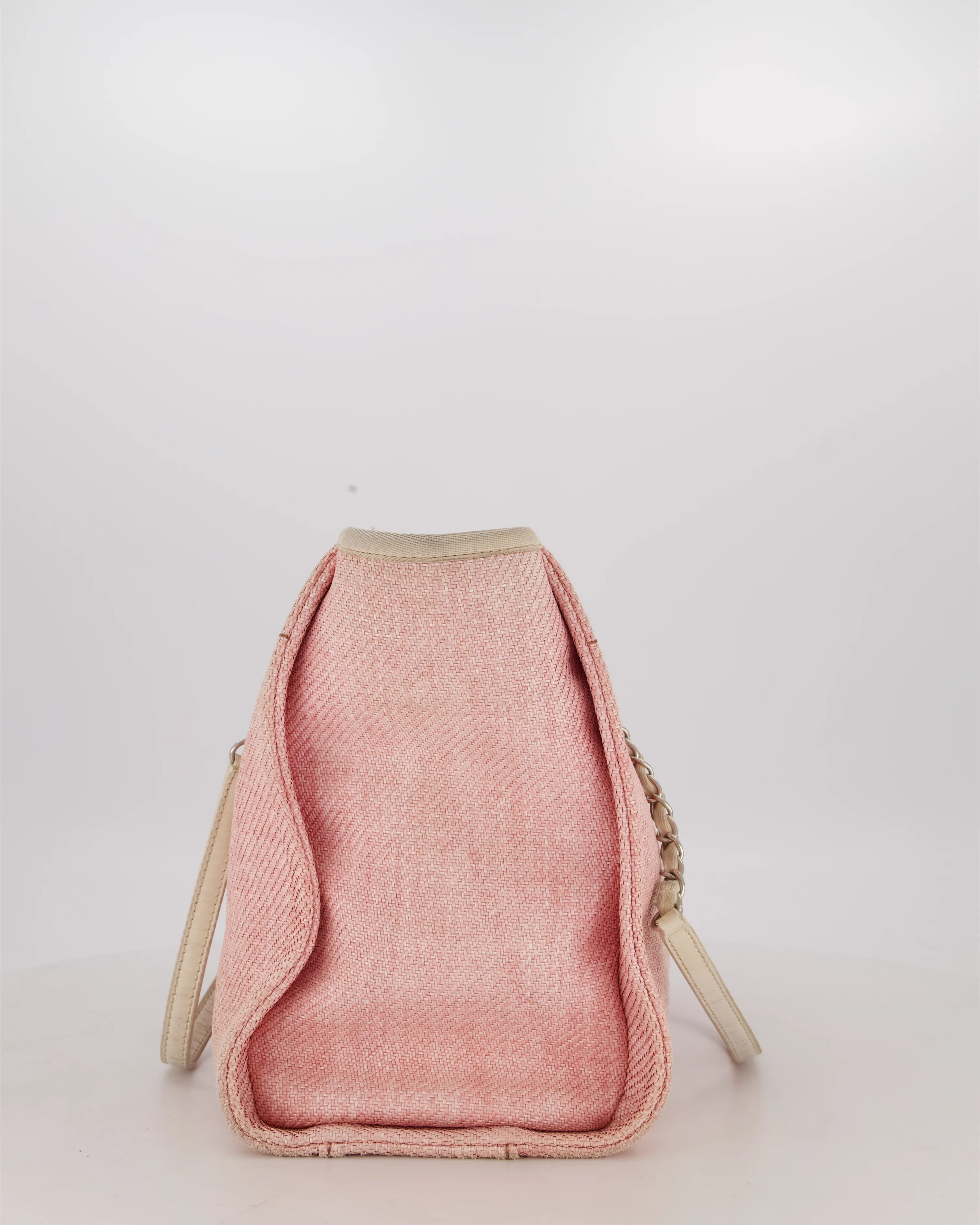 Chanel Small Canvas Deauville Tote Bag In Light Pink and Cream Canvas with Silver Hardware - Image 3