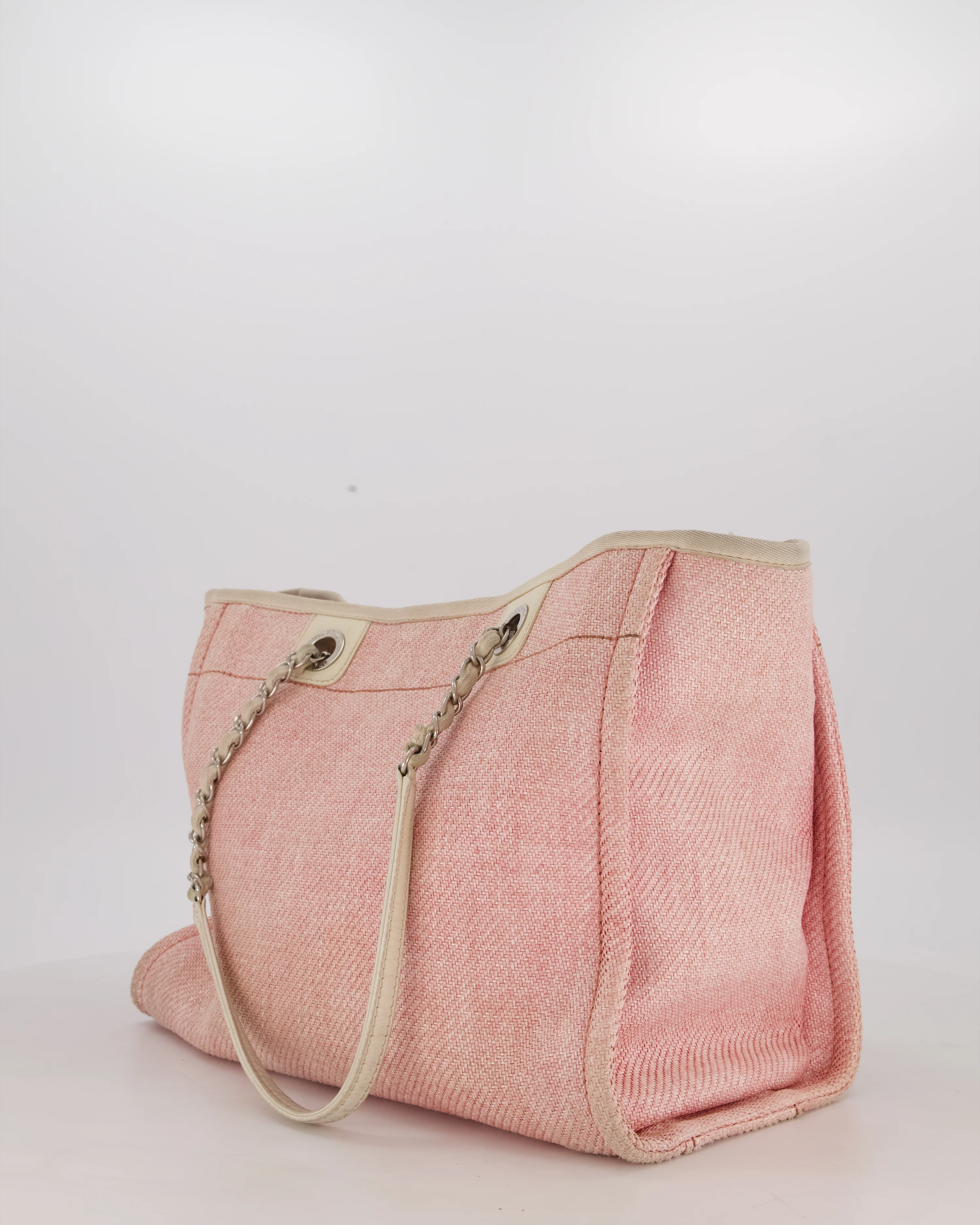 Chanel Small Canvas Deauville Tote Bag In Light Pink and Cream Canvas with Silver Hardware - Image 4