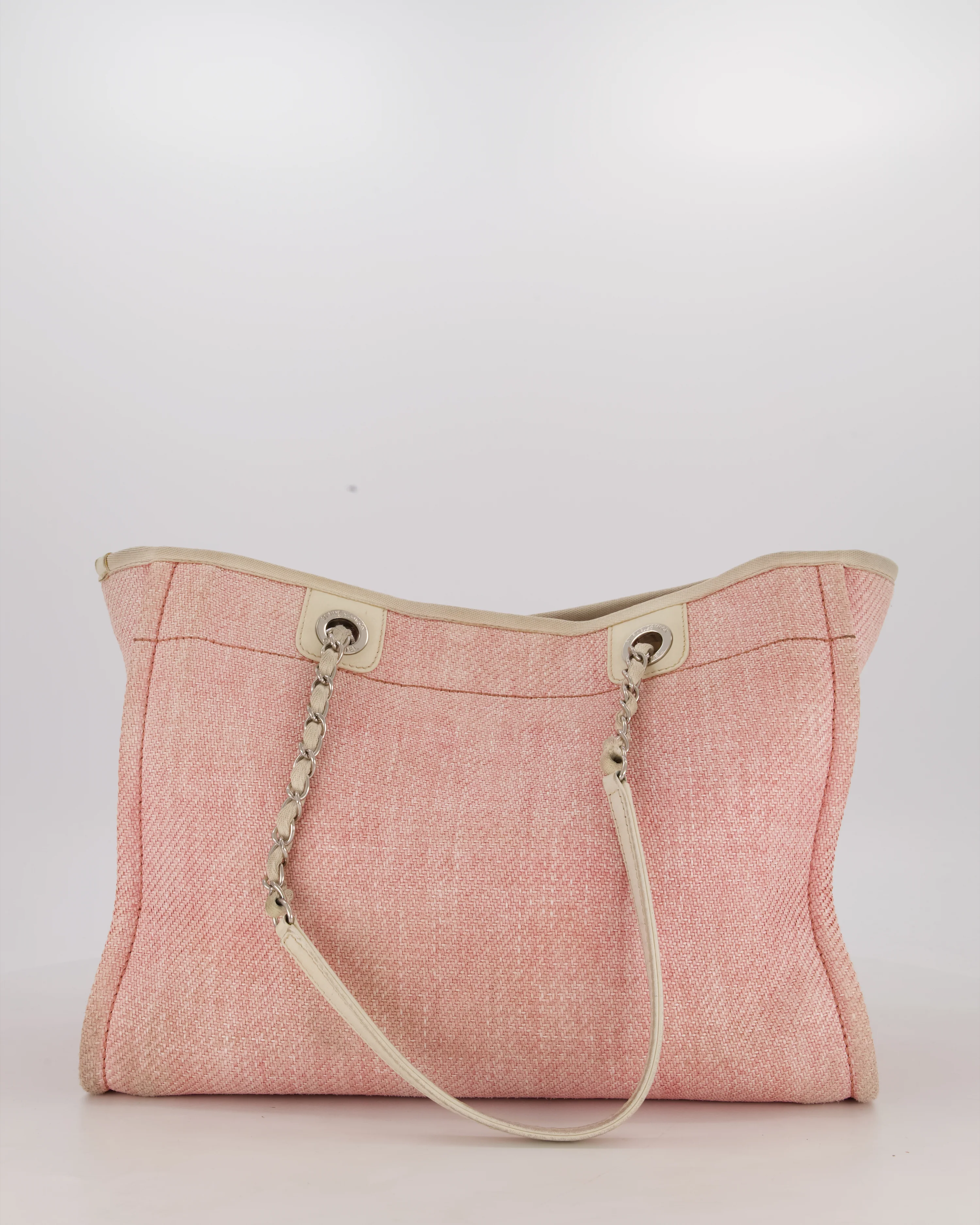Chanel Small Canvas Deauville Tote Bag In Light Pink and Cream Canvas with Silver Hardware - Image 5