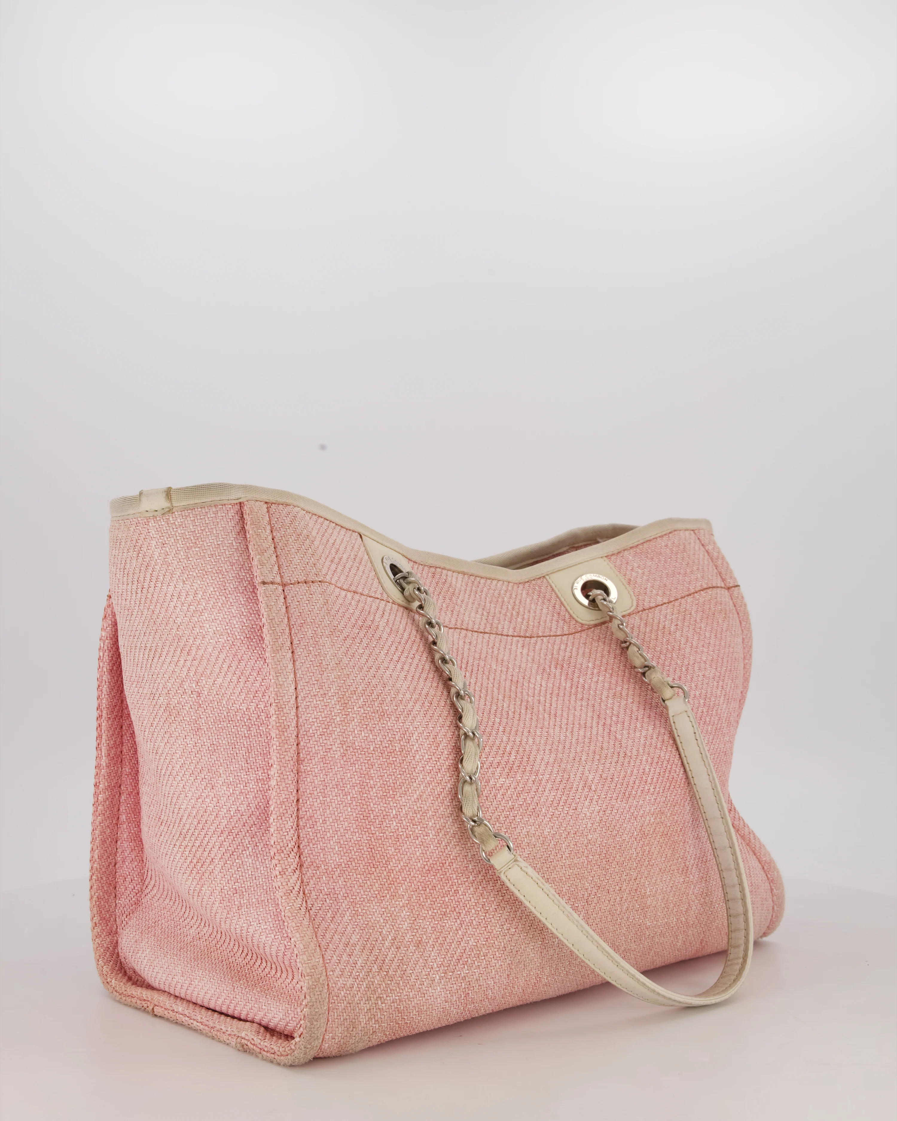 Chanel Small Canvas Deauville Tote Bag In Light Pink and Cream Canvas with Silver Hardware - Image 6