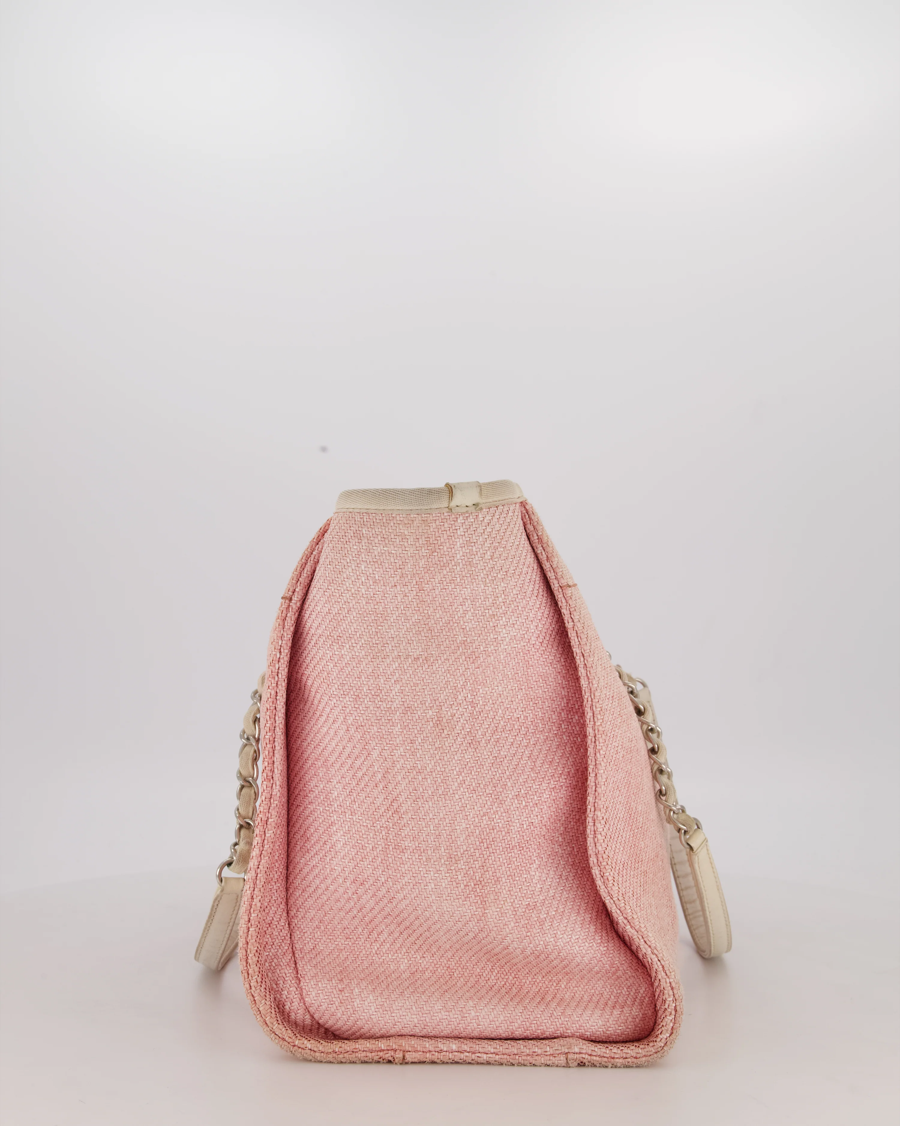 Chanel Small Canvas Deauville Tote Bag In Light Pink and Cream Canvas with Silver Hardware - Image 7