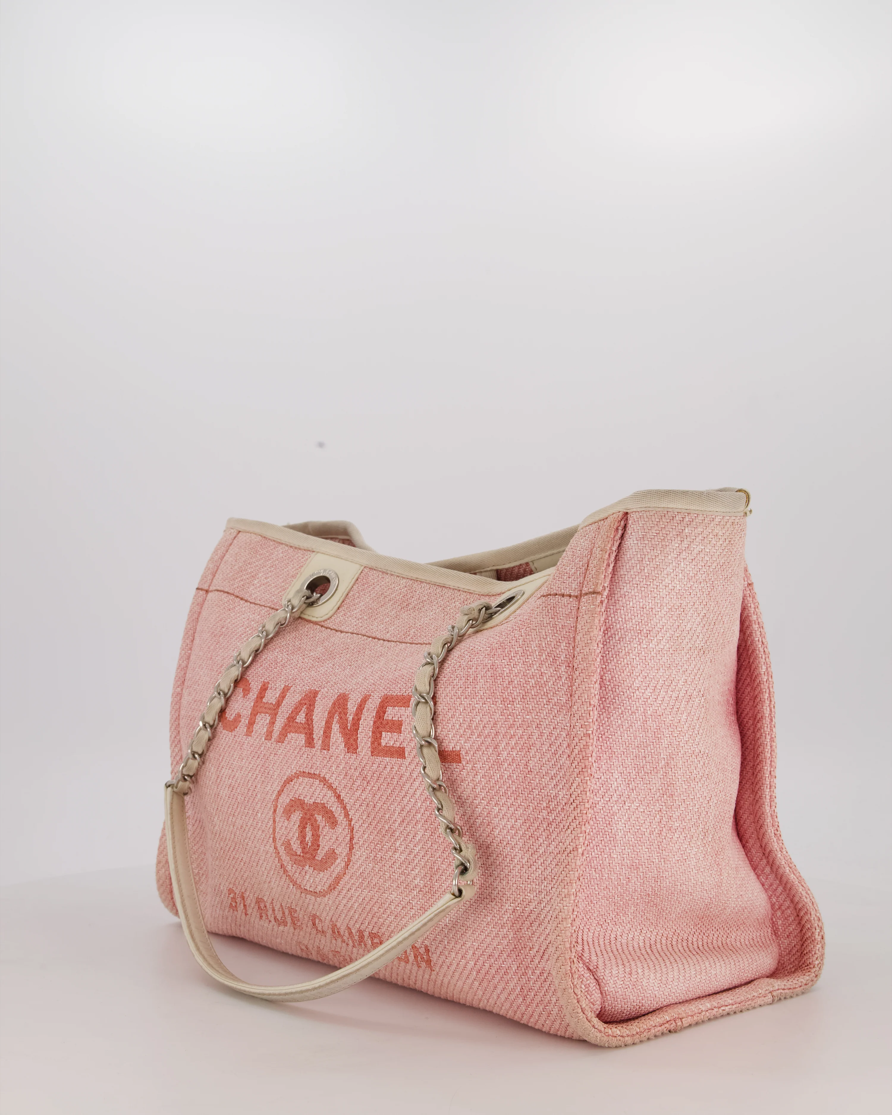 Chanel Small Canvas Deauville Tote Bag In Light Pink and Cream Canvas with Silver Hardware - Image 8