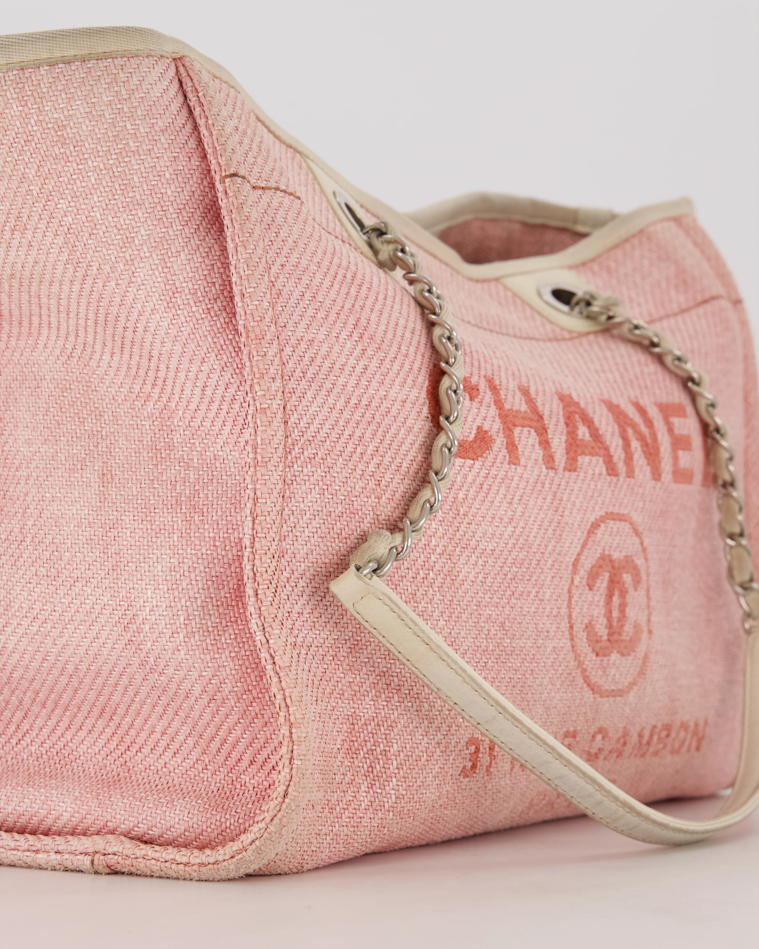 Chanel Small Canvas Deauville Tote Bag In Light Pink and Cream Canvas with Silver Hardware - Image 9