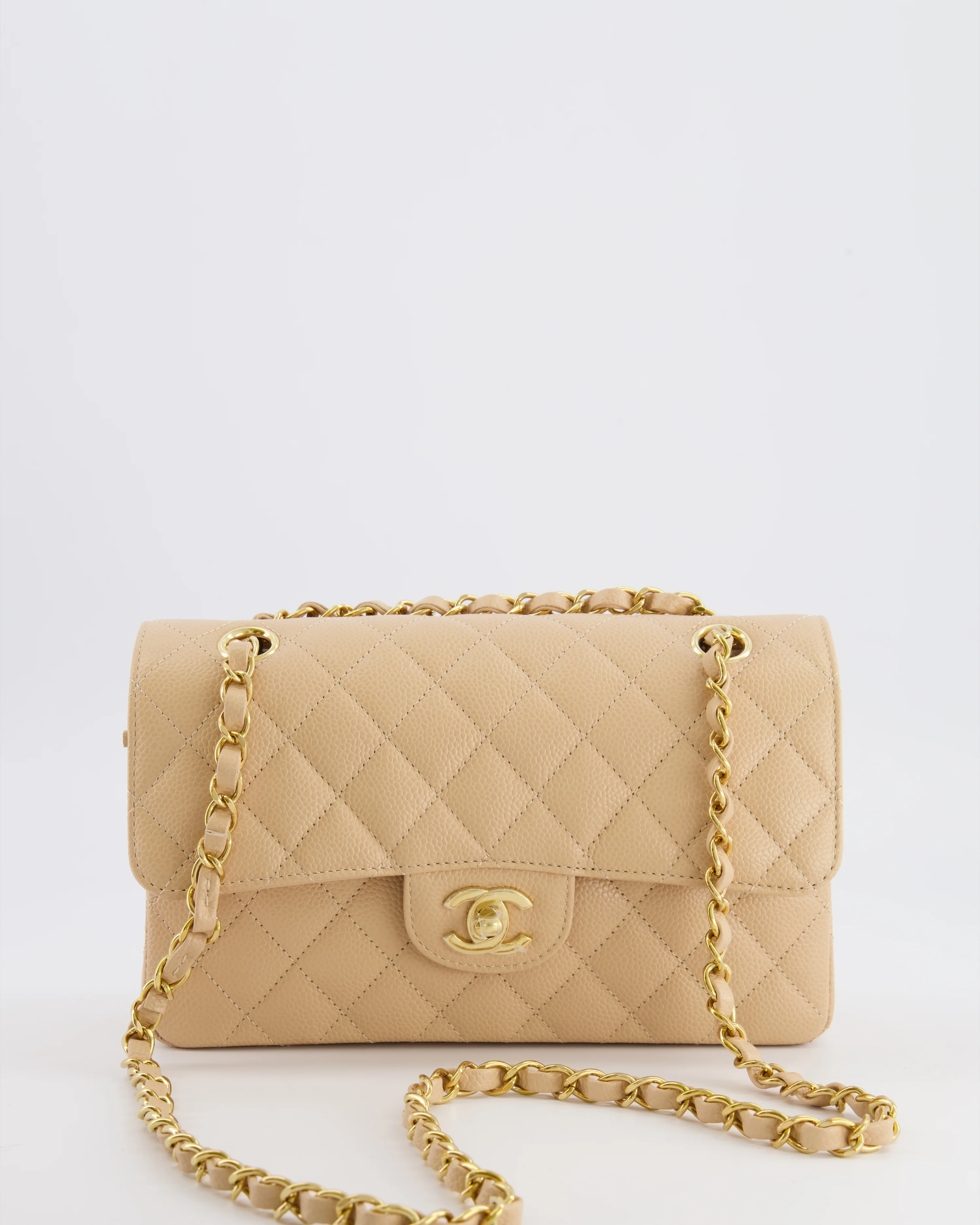 Chanel Small Classic Double Flap Bag in Beige Caviar Leather with Champagne Gold Hardware