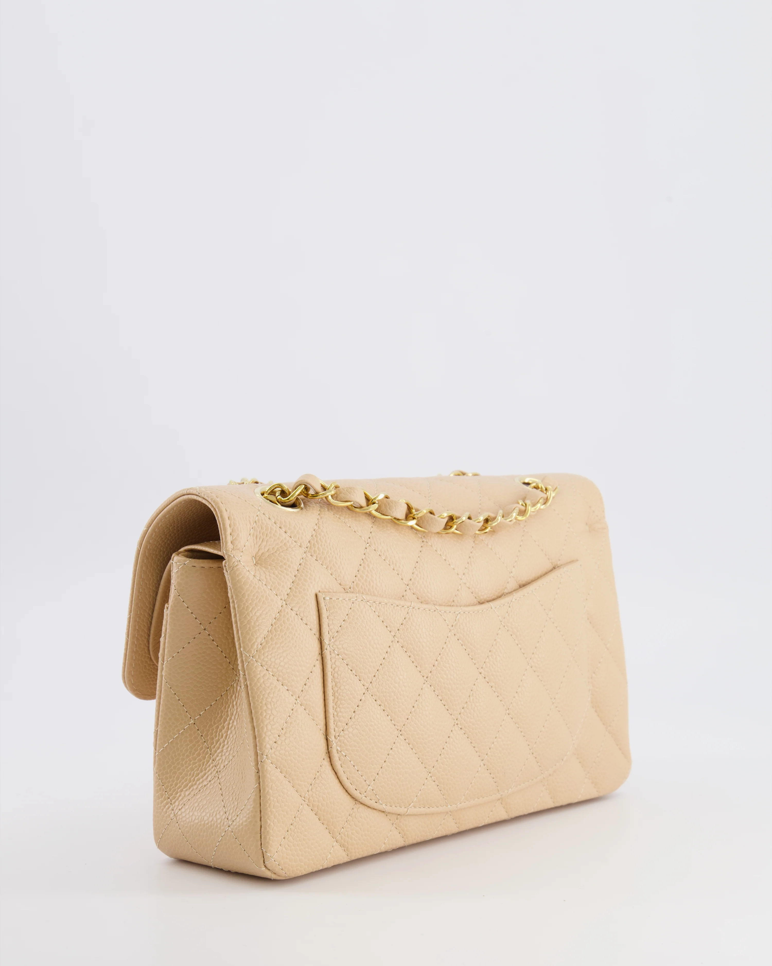 Chanel Small Classic Double Flap Bag in Beige Caviar Leather with Champagne Gold Hardware - Image 11