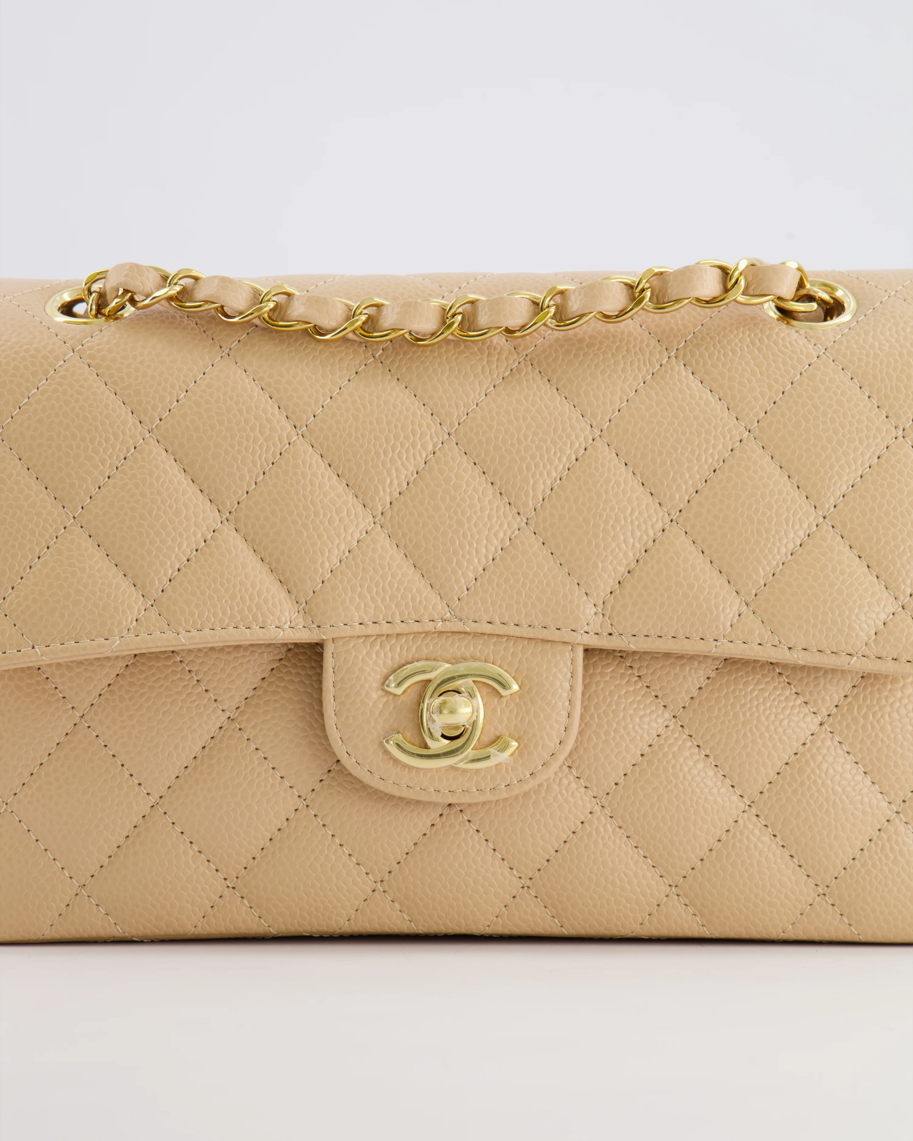 Chanel Small Classic Double Flap Bag in Beige Caviar Leather with Champagne Gold Hardware - Image 13