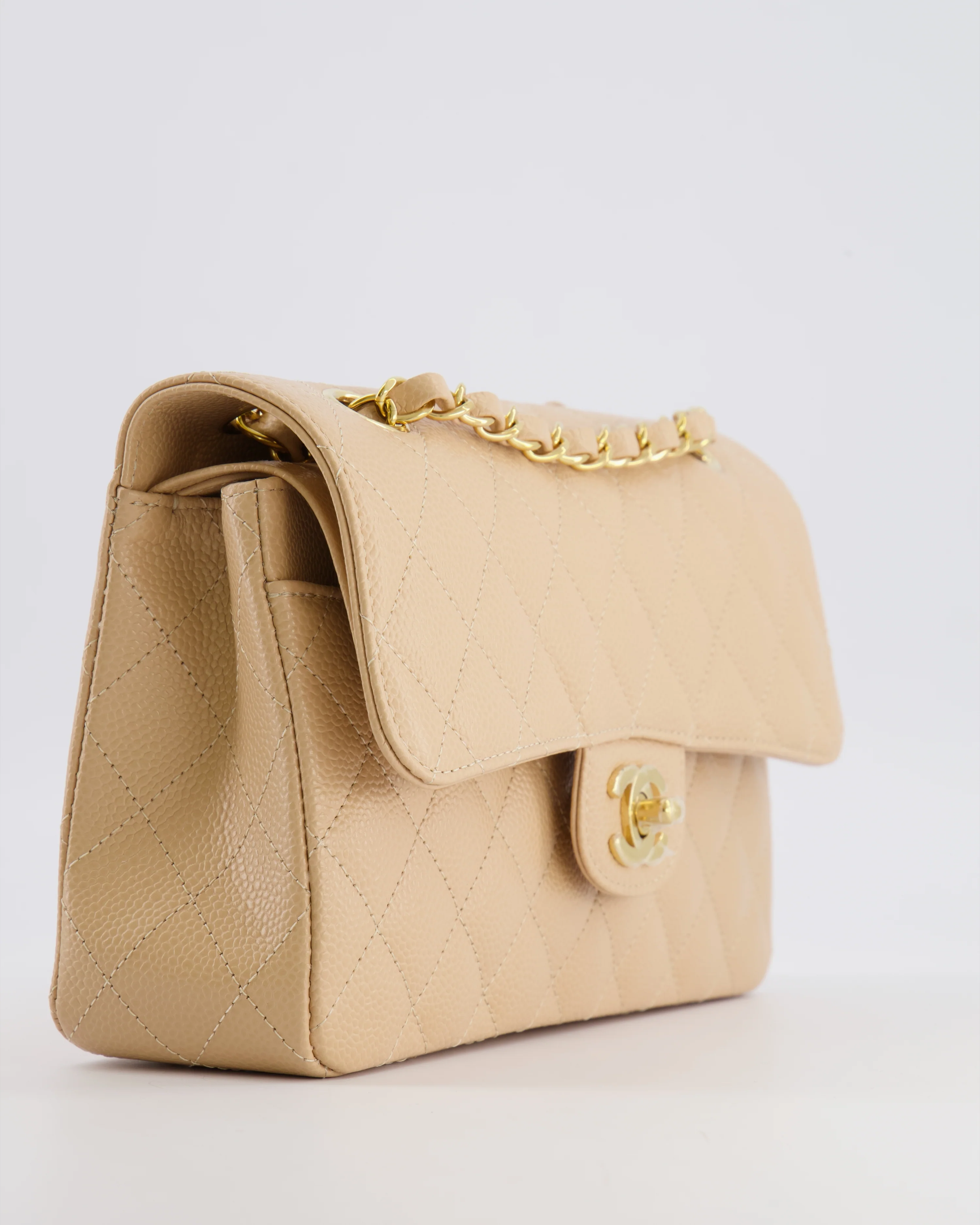 Chanel Small Classic Double Flap Bag in Beige Caviar Leather with Champagne Gold Hardware - Image 14