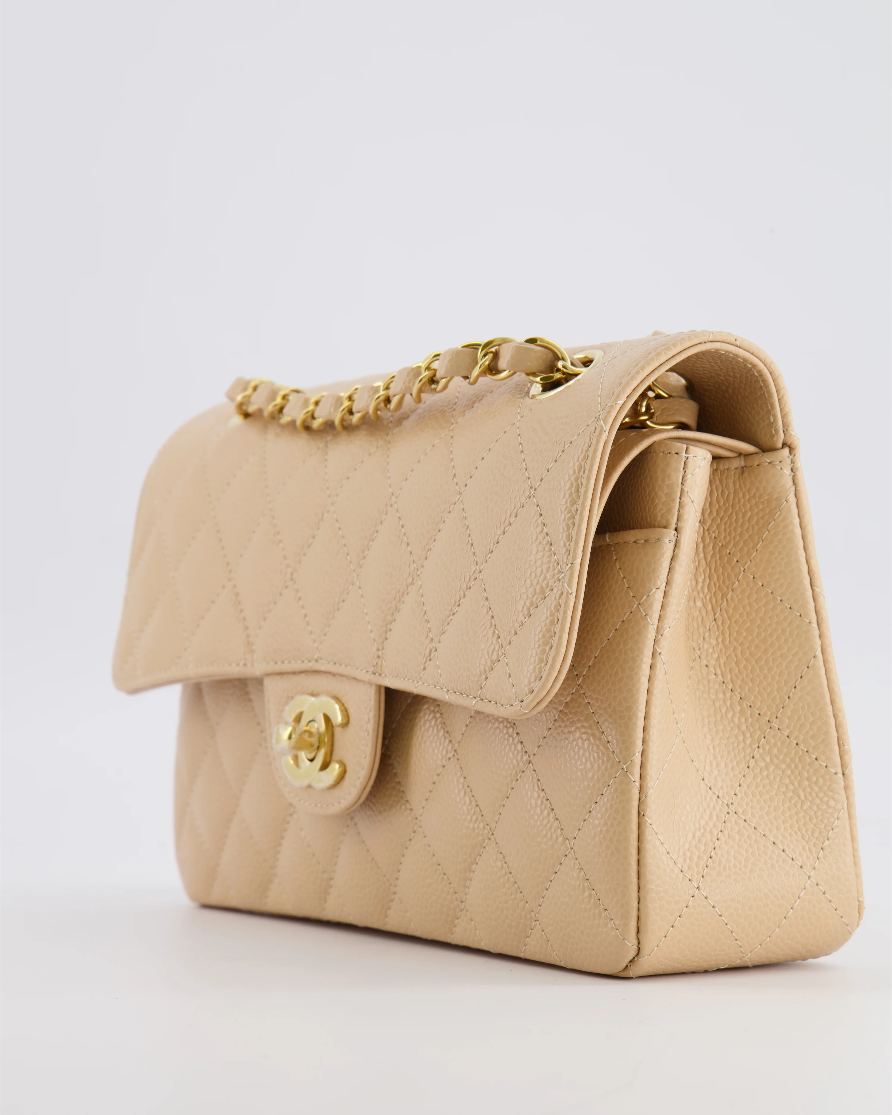 Chanel Small Classic Double Flap Bag in Beige Caviar Leather with Champagne Gold Hardware - Image 15