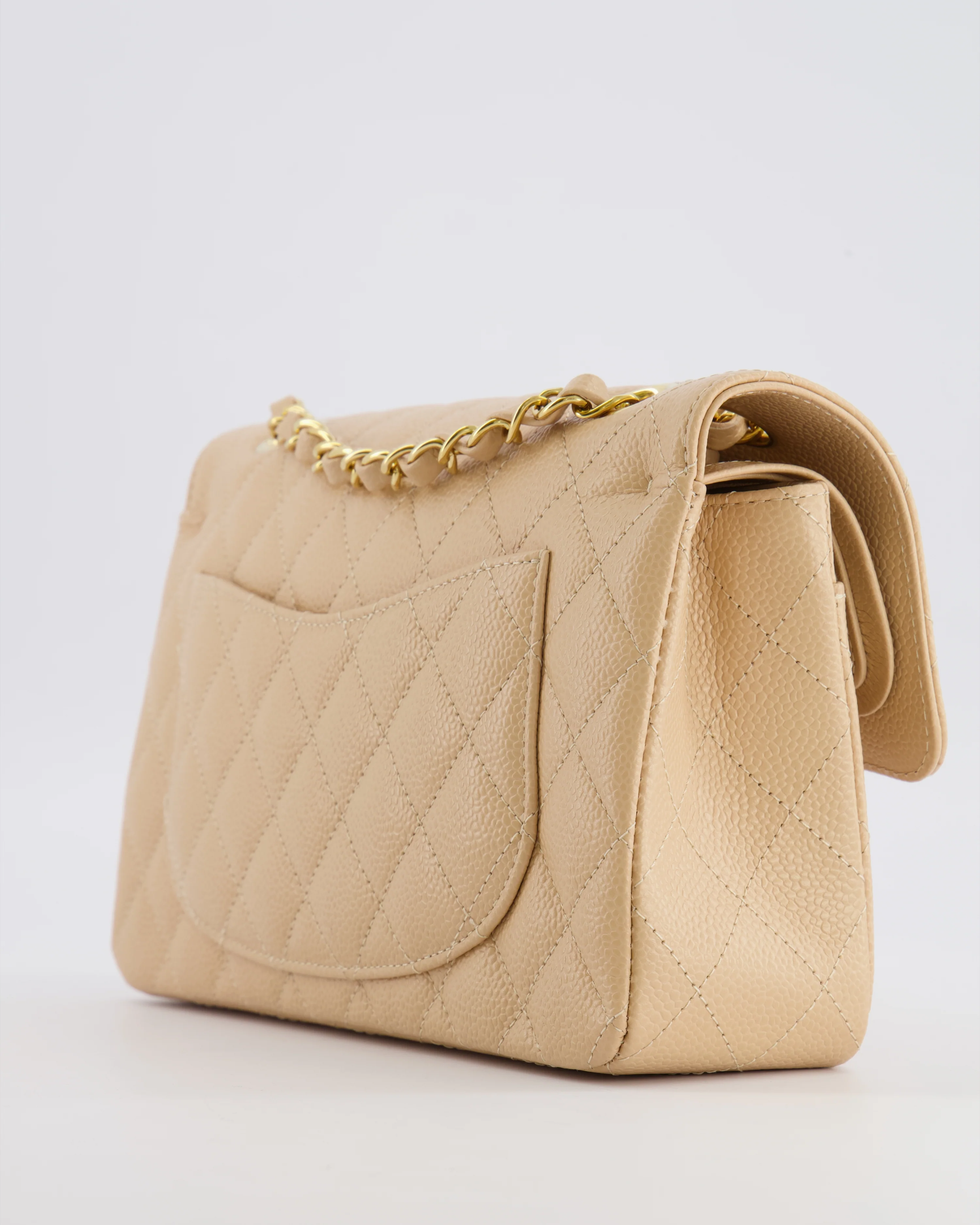 Chanel Small Classic Double Flap Bag in Beige Caviar Leather with Champagne Gold Hardware - Image 16