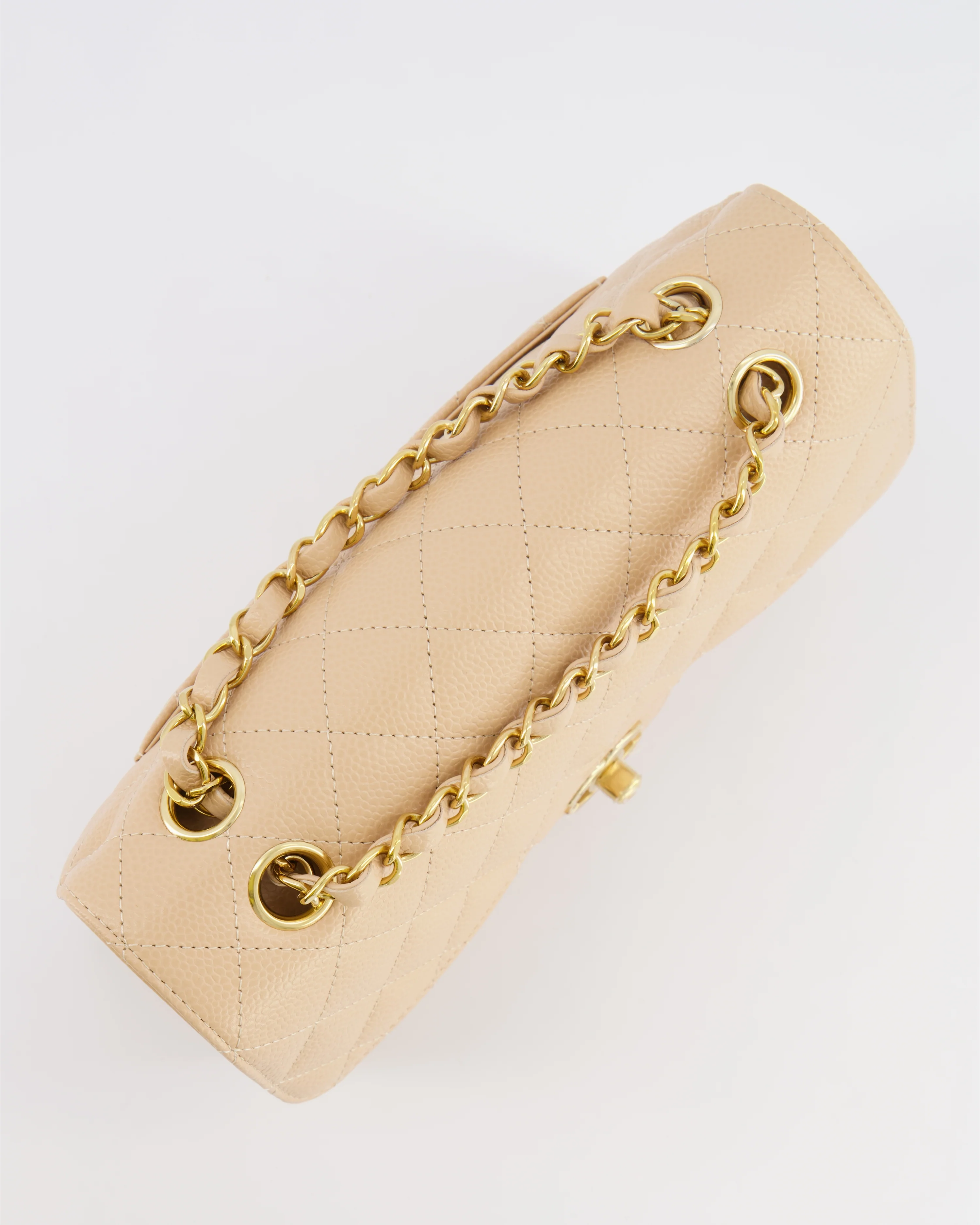 Chanel Small Classic Double Flap Bag in Beige Caviar Leather with Champagne Gold Hardware - Image 18