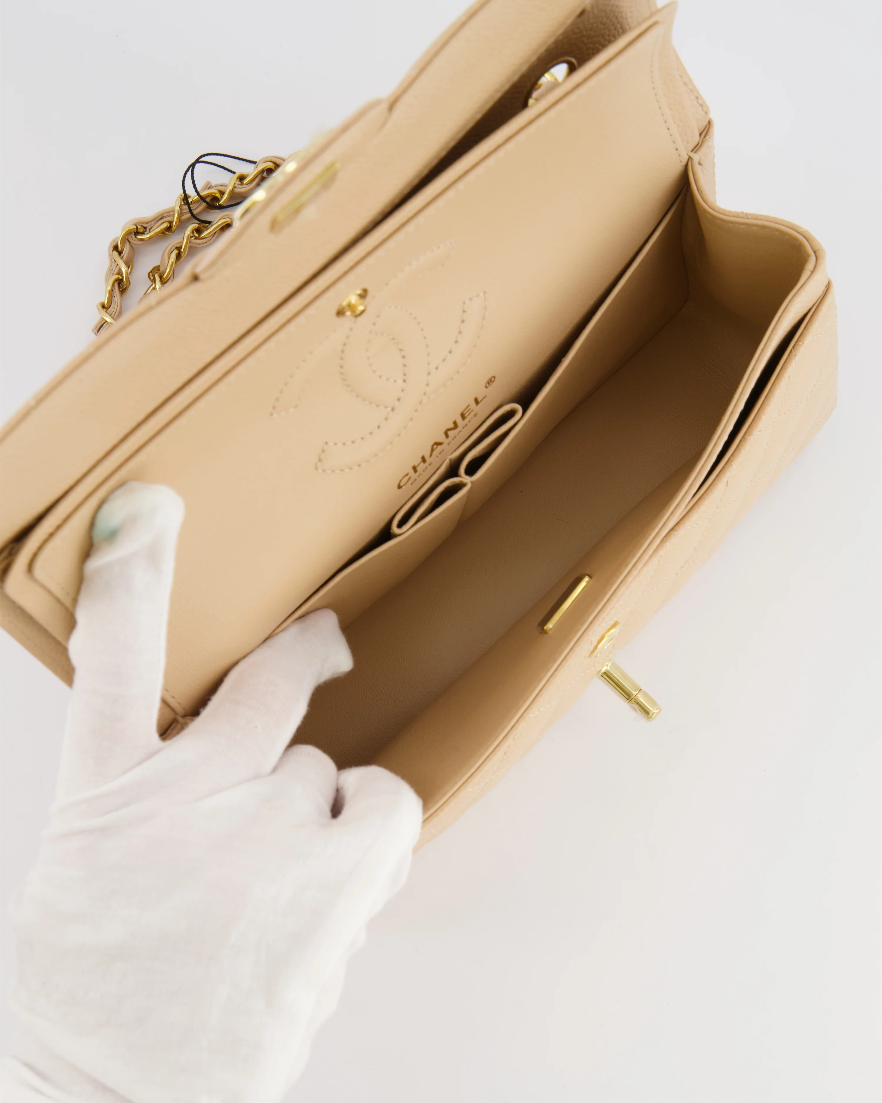 Chanel Small Classic Double Flap Bag in Beige Caviar Leather with Champagne Gold Hardware - Image 19