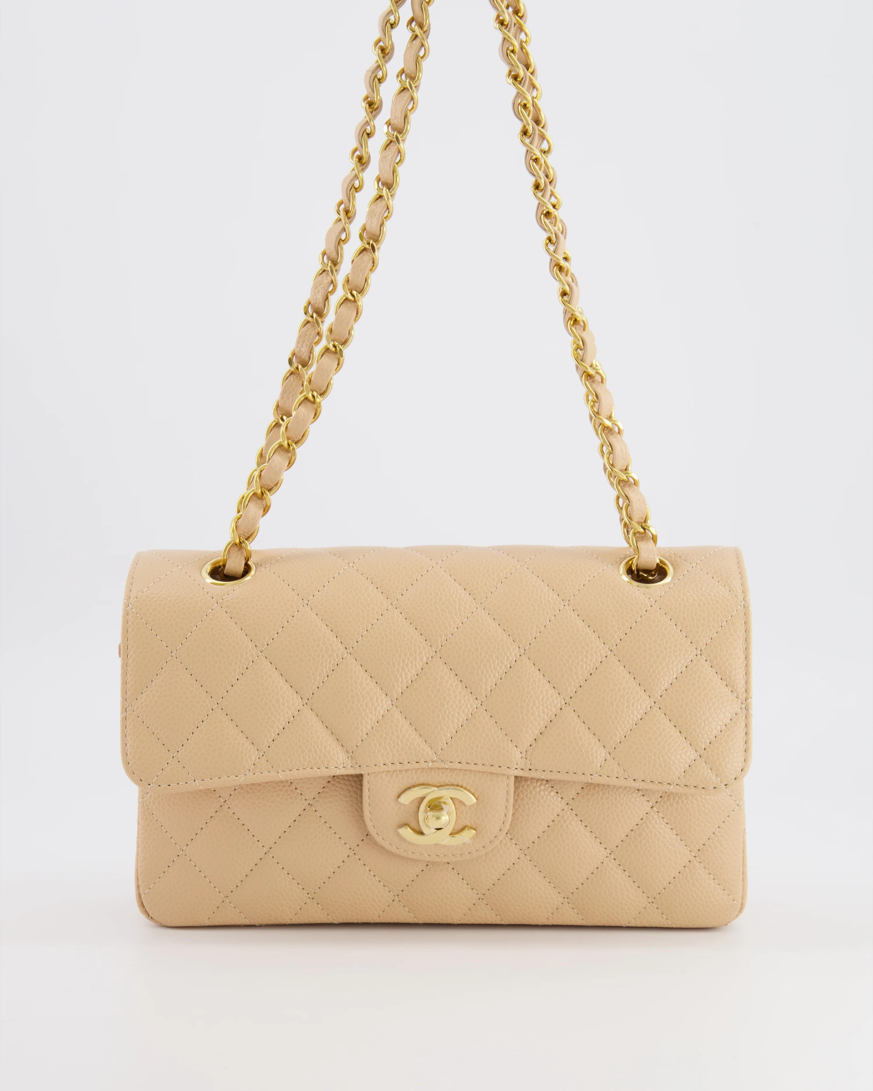 Chanel Small Classic Double Flap Bag in Beige Caviar Leather with Champagne Gold Hardware - Image 3