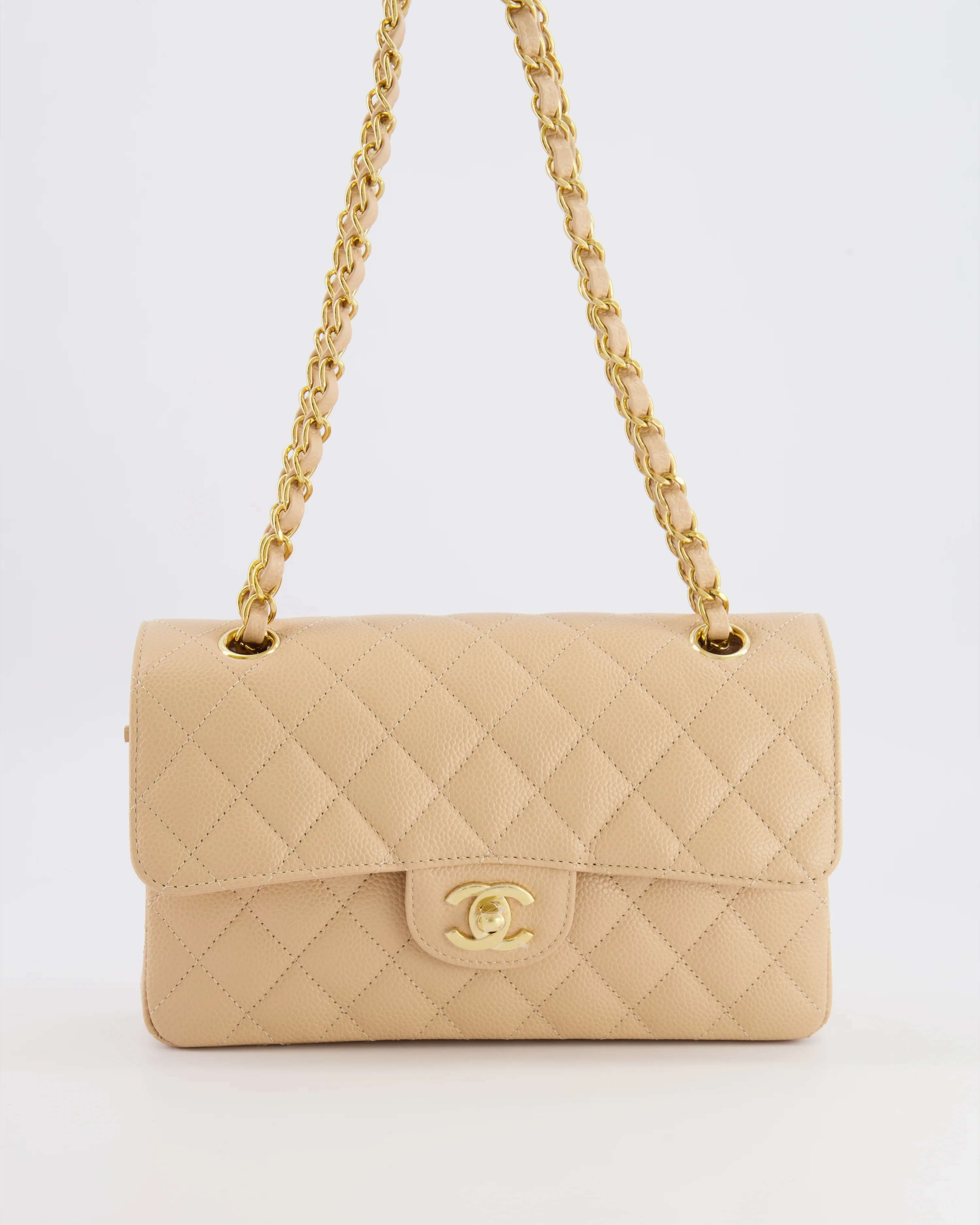 Chanel Small Classic Double Flap Bag in Beige Caviar Leather with Champagne Gold Hardware - Image 4