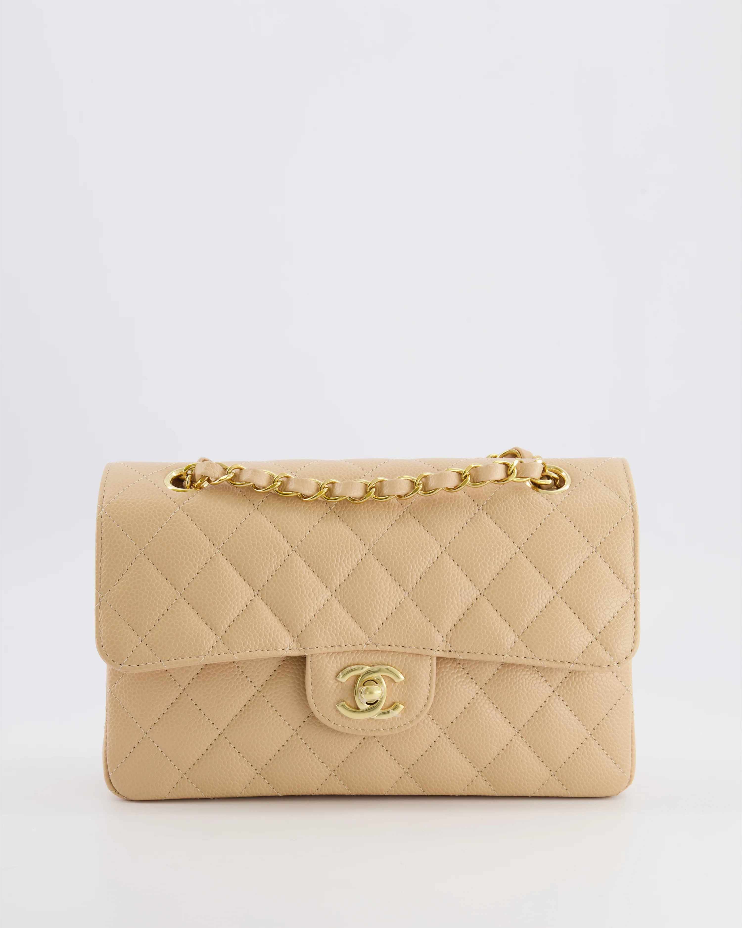 Chanel Small Classic Double Flap Bag in Beige Caviar Leather with Champagne Gold Hardware - Image 5