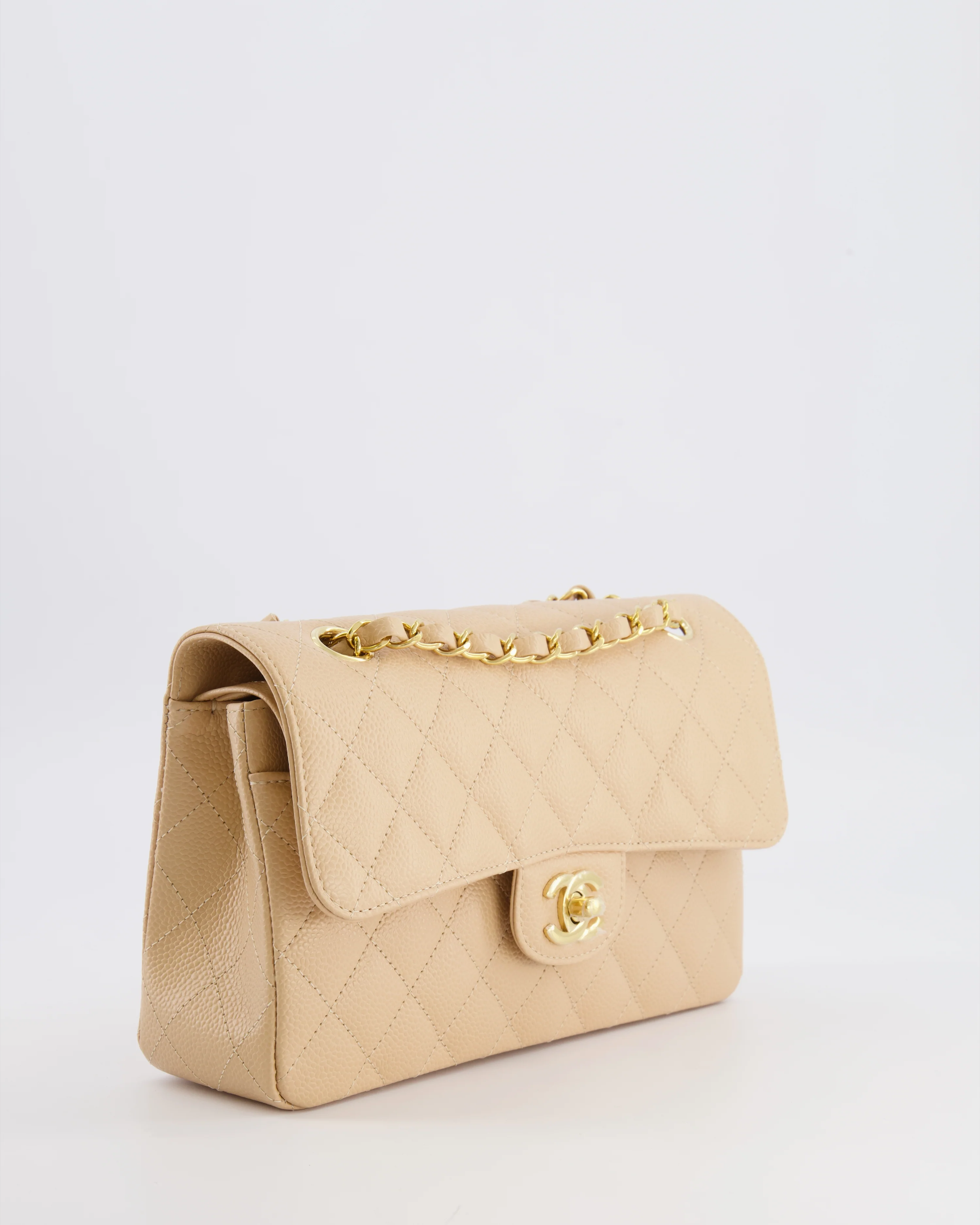 Chanel Small Classic Double Flap Bag in Beige Caviar Leather with Champagne Gold Hardware - Image 6