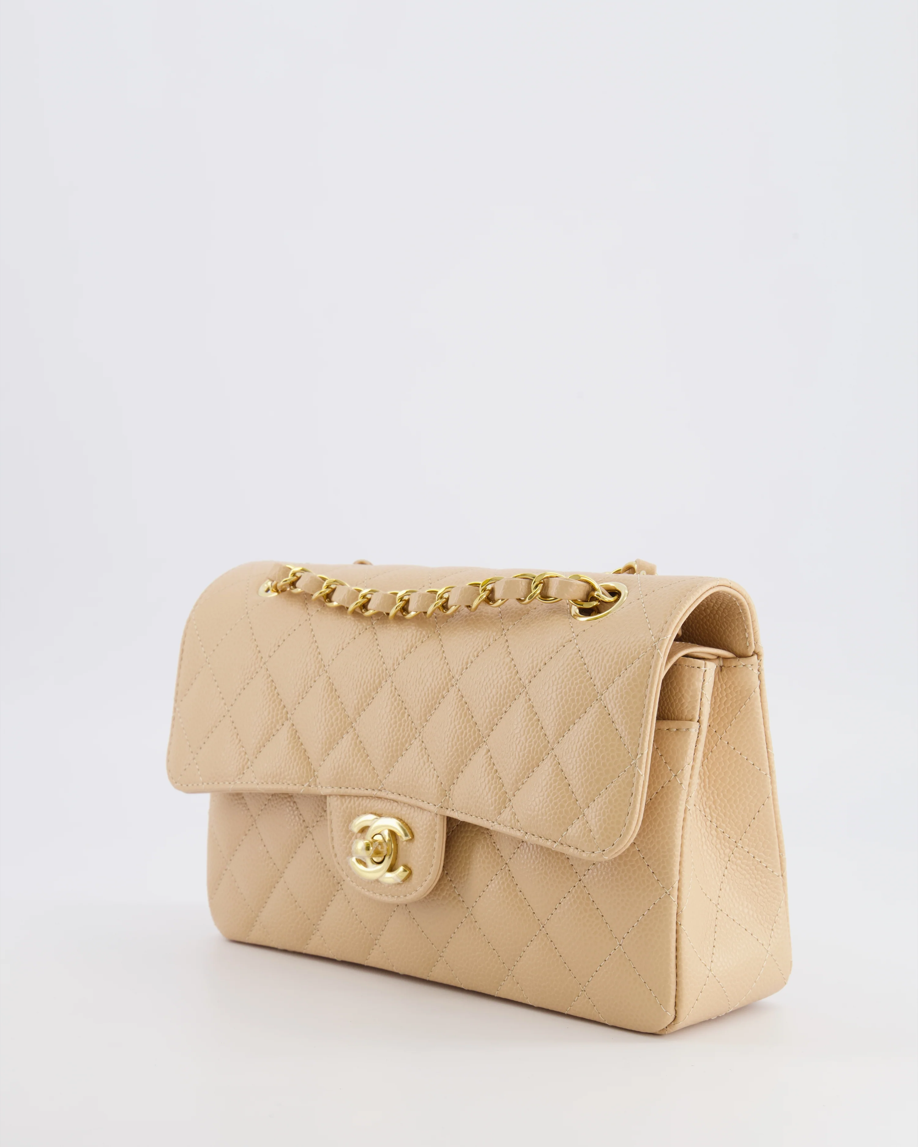 Chanel Small Classic Double Flap Bag in Beige Caviar Leather with Champagne Gold Hardware - Image 7