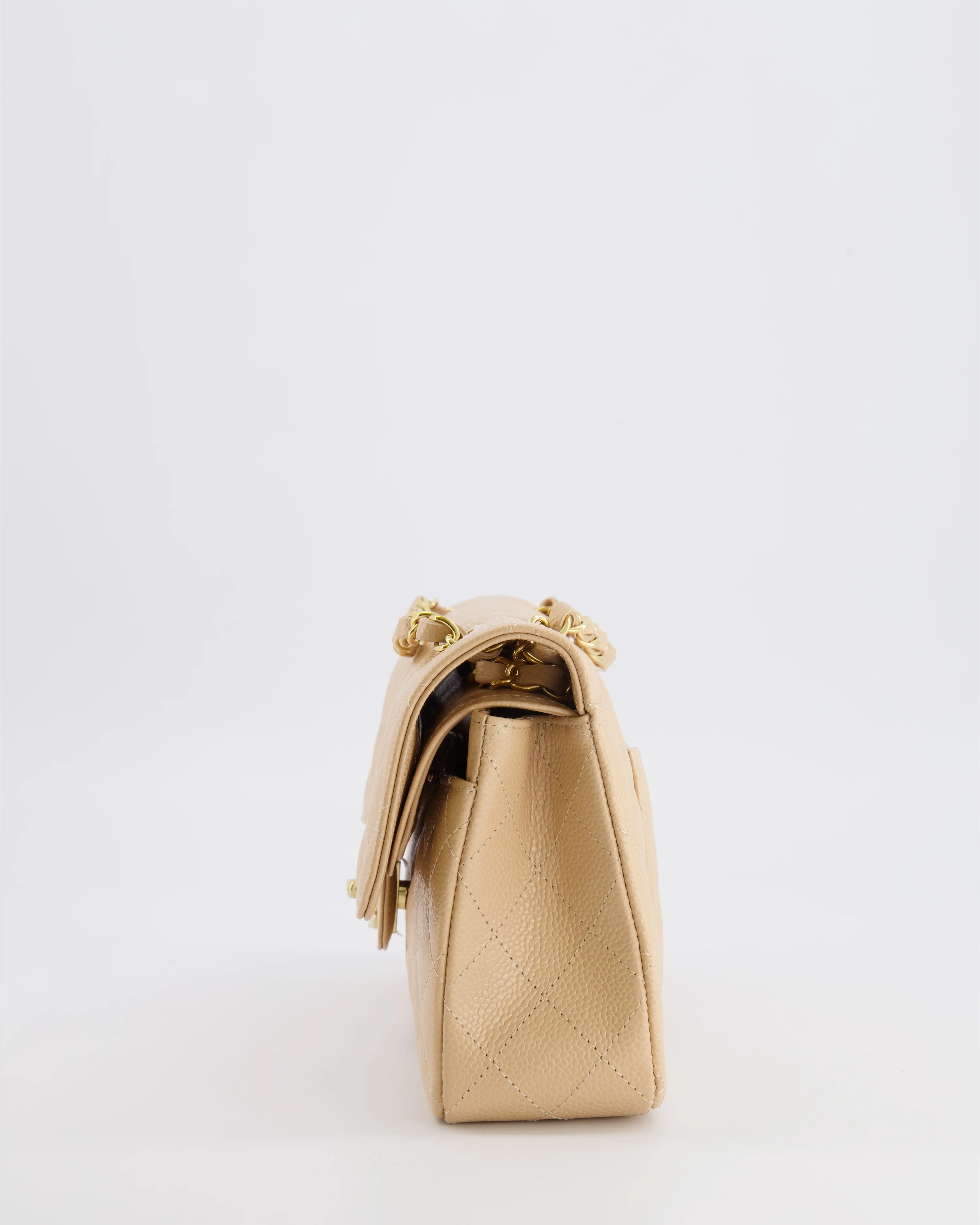 Chanel Small Classic Double Flap Bag in Beige Caviar Leather with Champagne Gold Hardware - Image 9