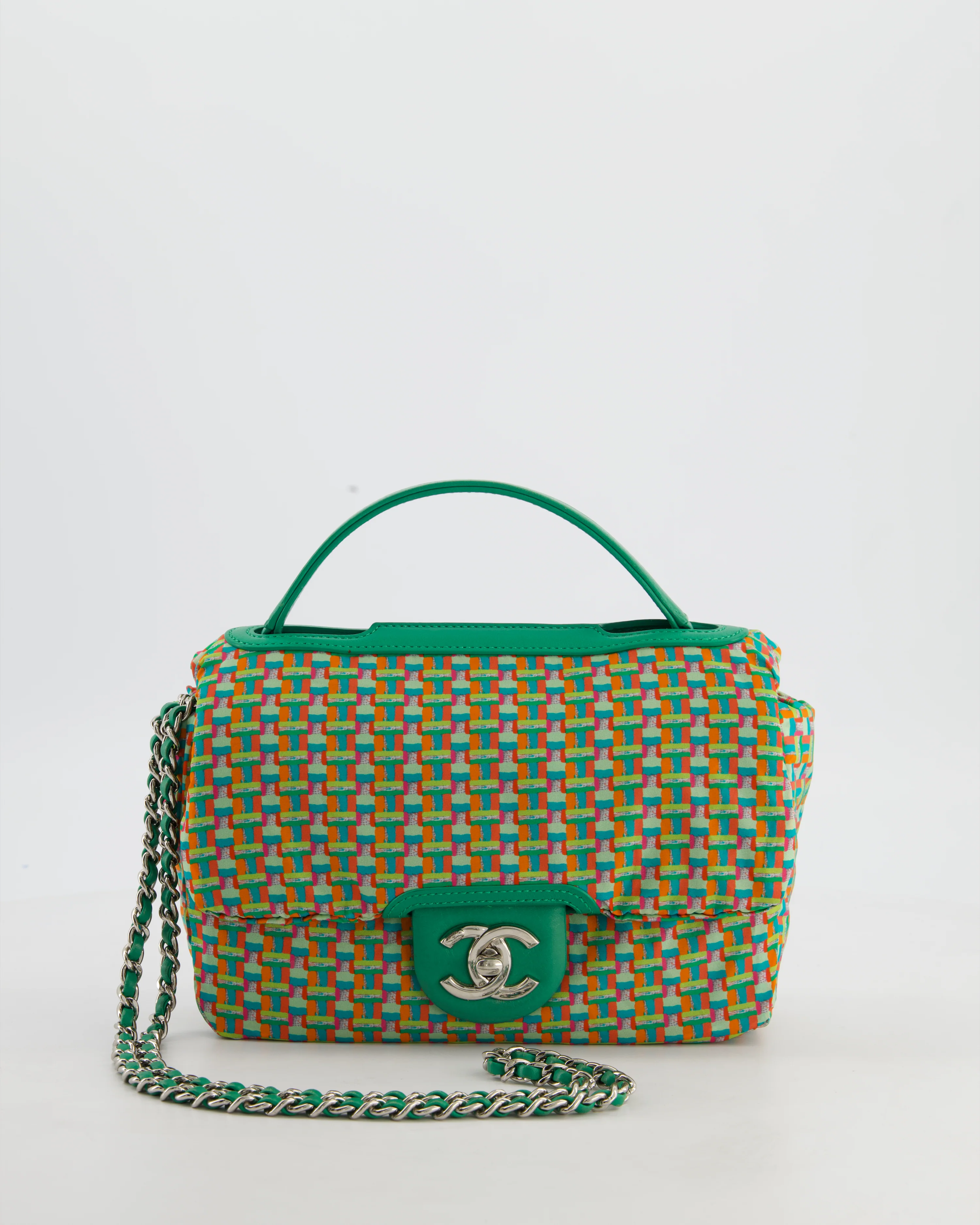 Chanel Small Coco Rain Flap Bag in Green Quilted Lambskin Leather & Fabric with Silver Hardware with Removable Rain Cover