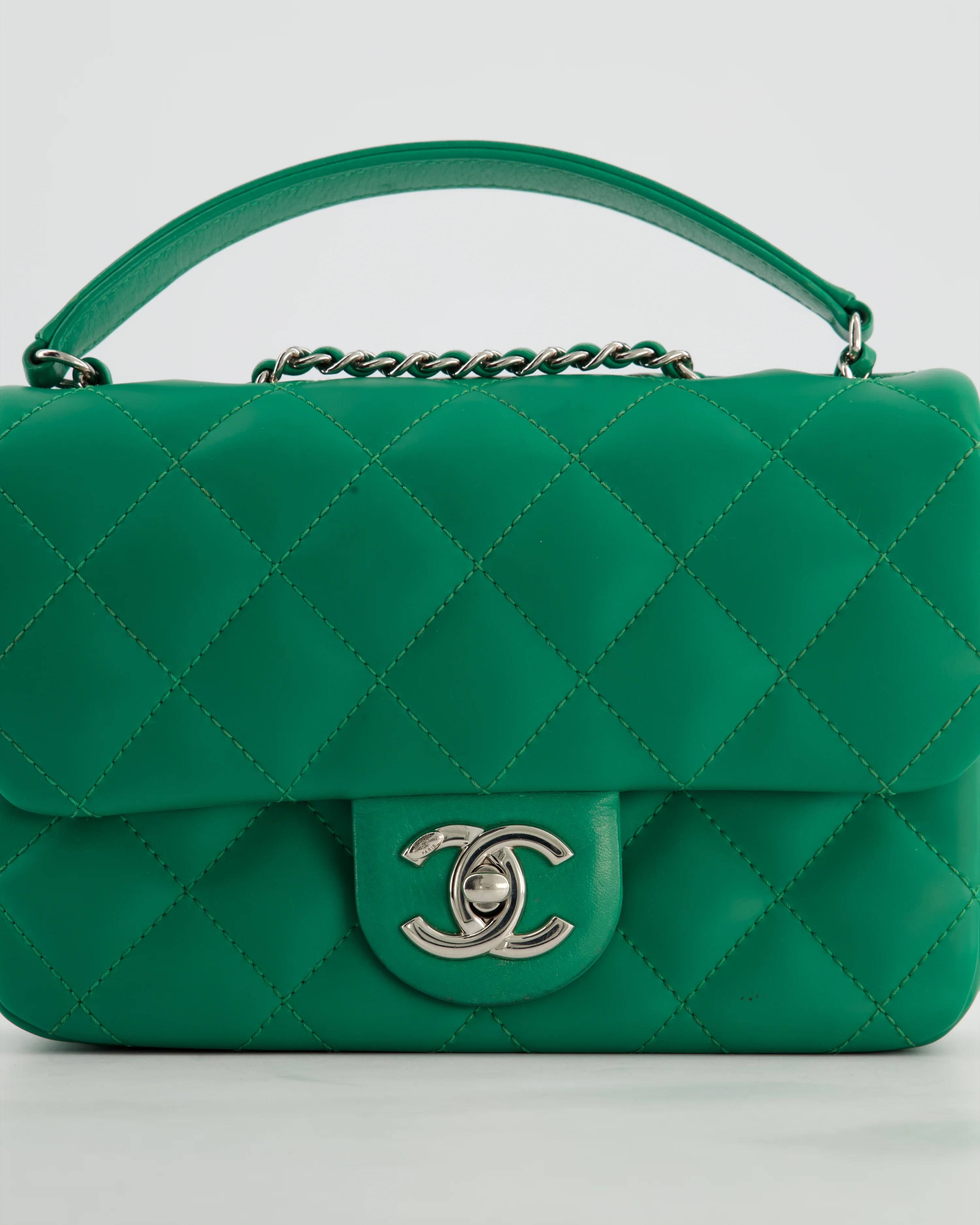 Chanel Small Coco Rain Flap Bag in Green Quilted Lambskin Leather & Fabric with Silver Hardware with Removable Rain Cover - Image 32